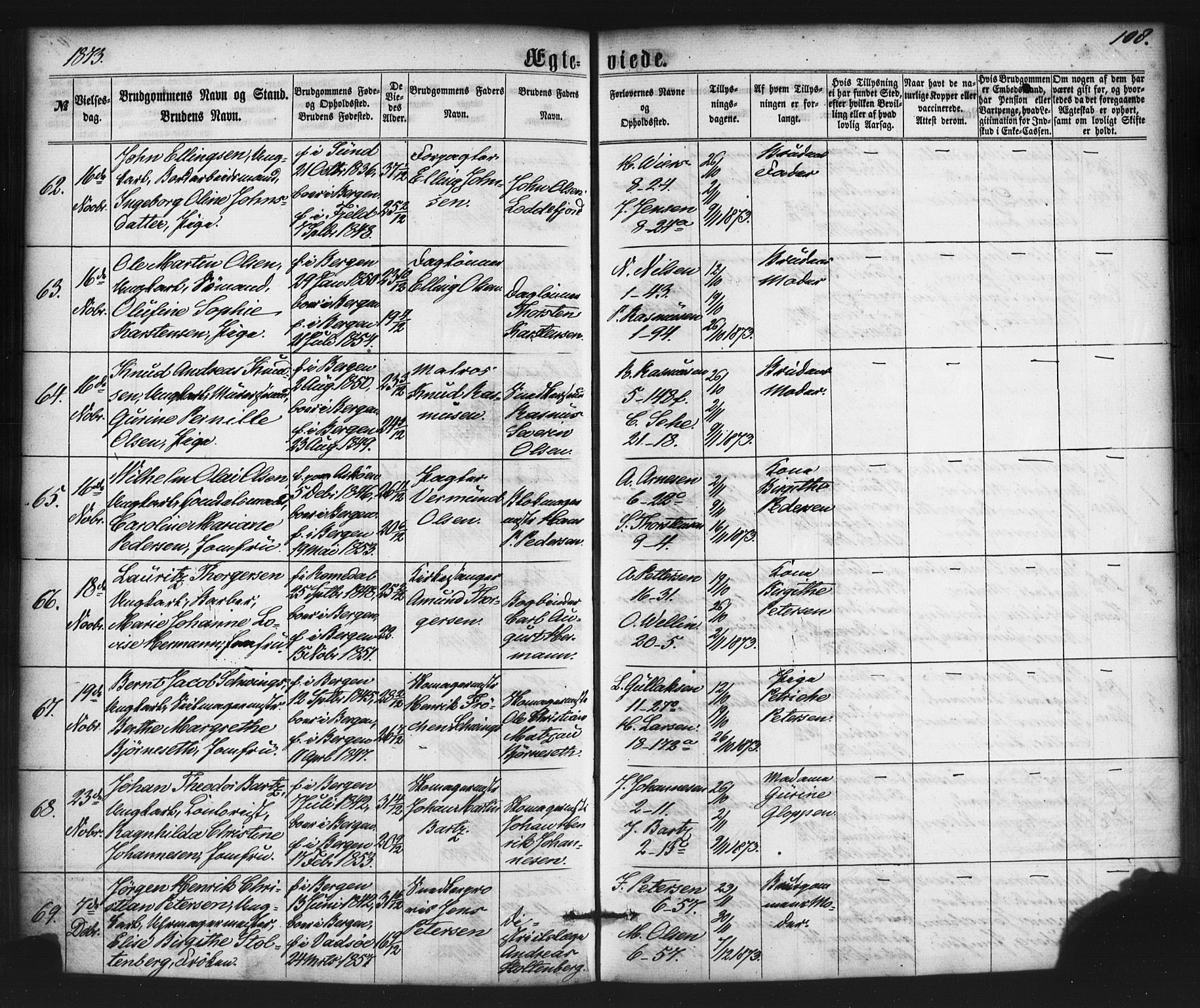 Nykirken Sokneprestembete, AV/SAB-A-77101/H/Haa/L0032: Parish register (official) no. D 2, 1861-1883, p. 108