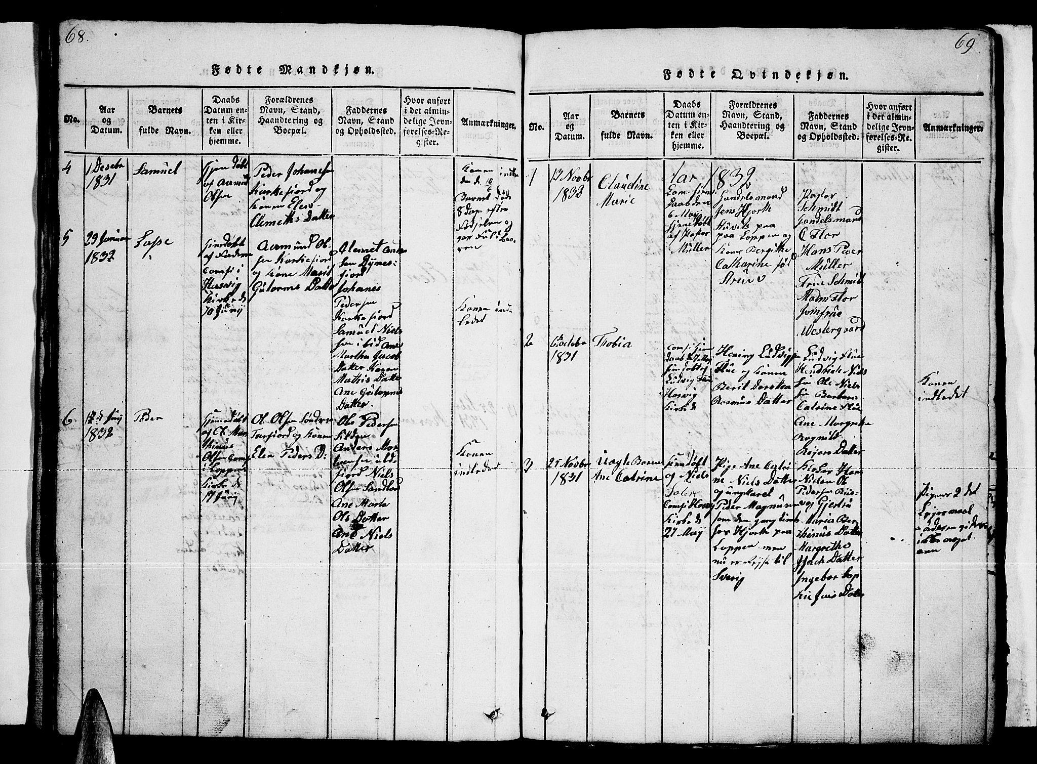 Loppa sokneprestkontor, SATØ/S-1339/H/Hb/L0001klokker: Parish register (copy) no. 1, 1820-1849, p. 68-69
