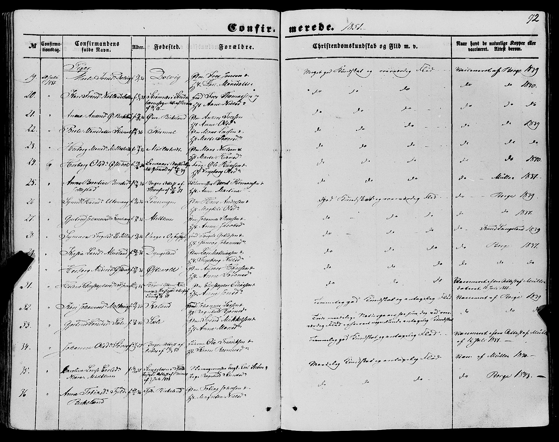 Fana Sokneprestembete, SAB/A-75101/H/Haa/Haaa/L0011: Parish register (official) no. A 11, 1851-1862, p. 92