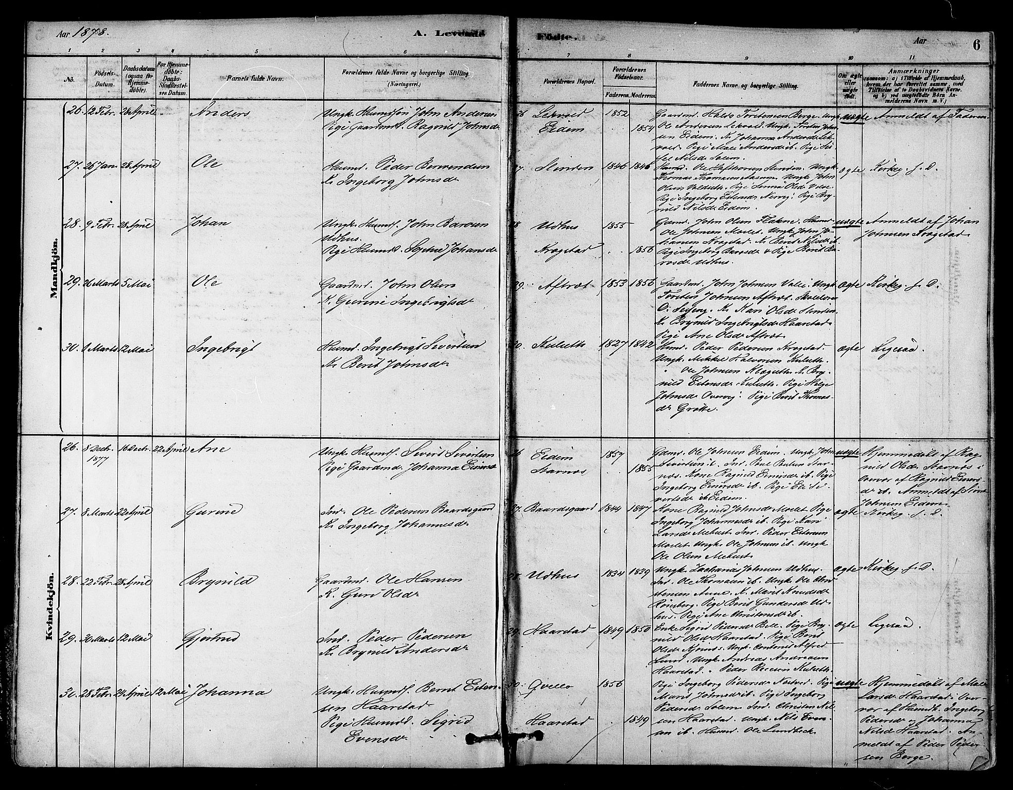 Ministerialprotokoller, klokkerbøker og fødselsregistre - Sør-Trøndelag, AV/SAT-A-1456/695/L1148: Parish register (official) no. 695A08, 1878-1891, p. 6