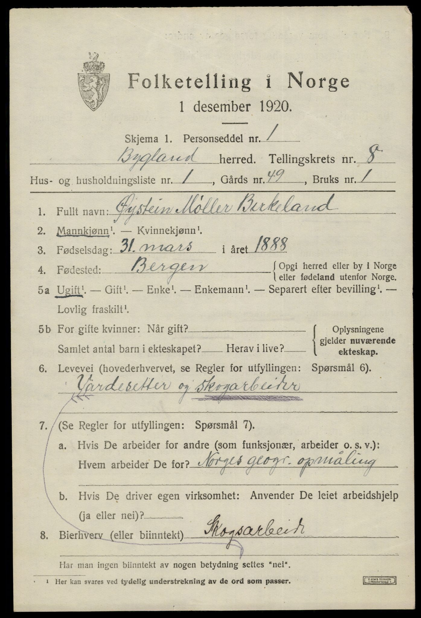 SAK, 1920 census for Bygland, 1920, p. 2805