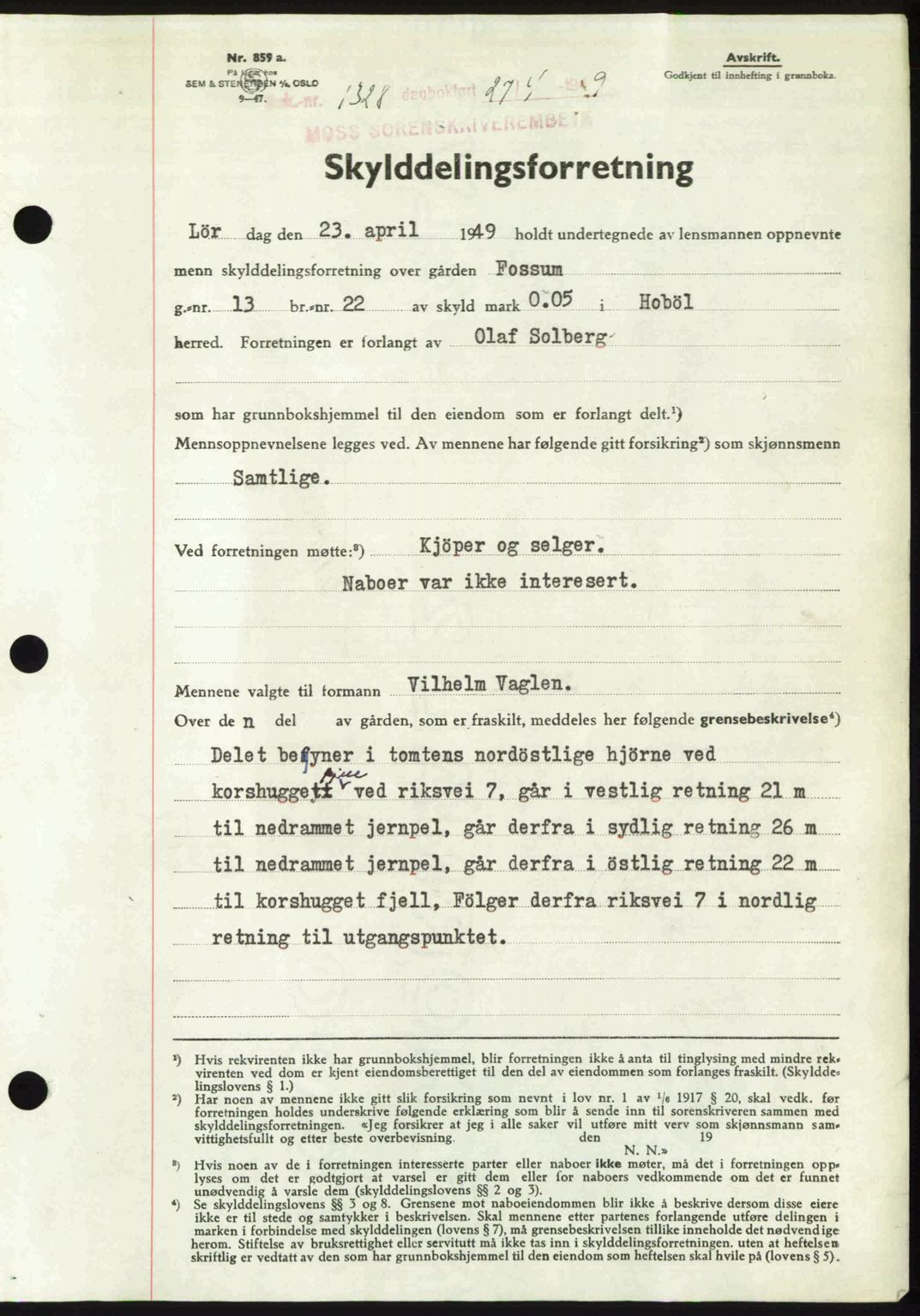Moss sorenskriveri, AV/SAO-A-10168: Mortgage book no. A22, 1949-1949, Diary no: : 1328/1949