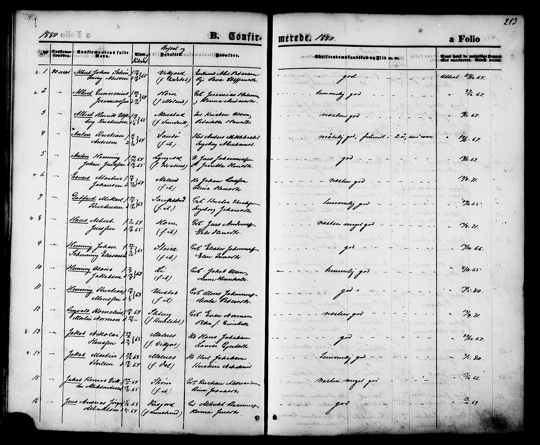 Ministerialprotokoller, klokkerbøker og fødselsregistre - Nordland, SAT/A-1459/880/L1132: Parish register (official) no. 880A06, 1869-1887, p. 213