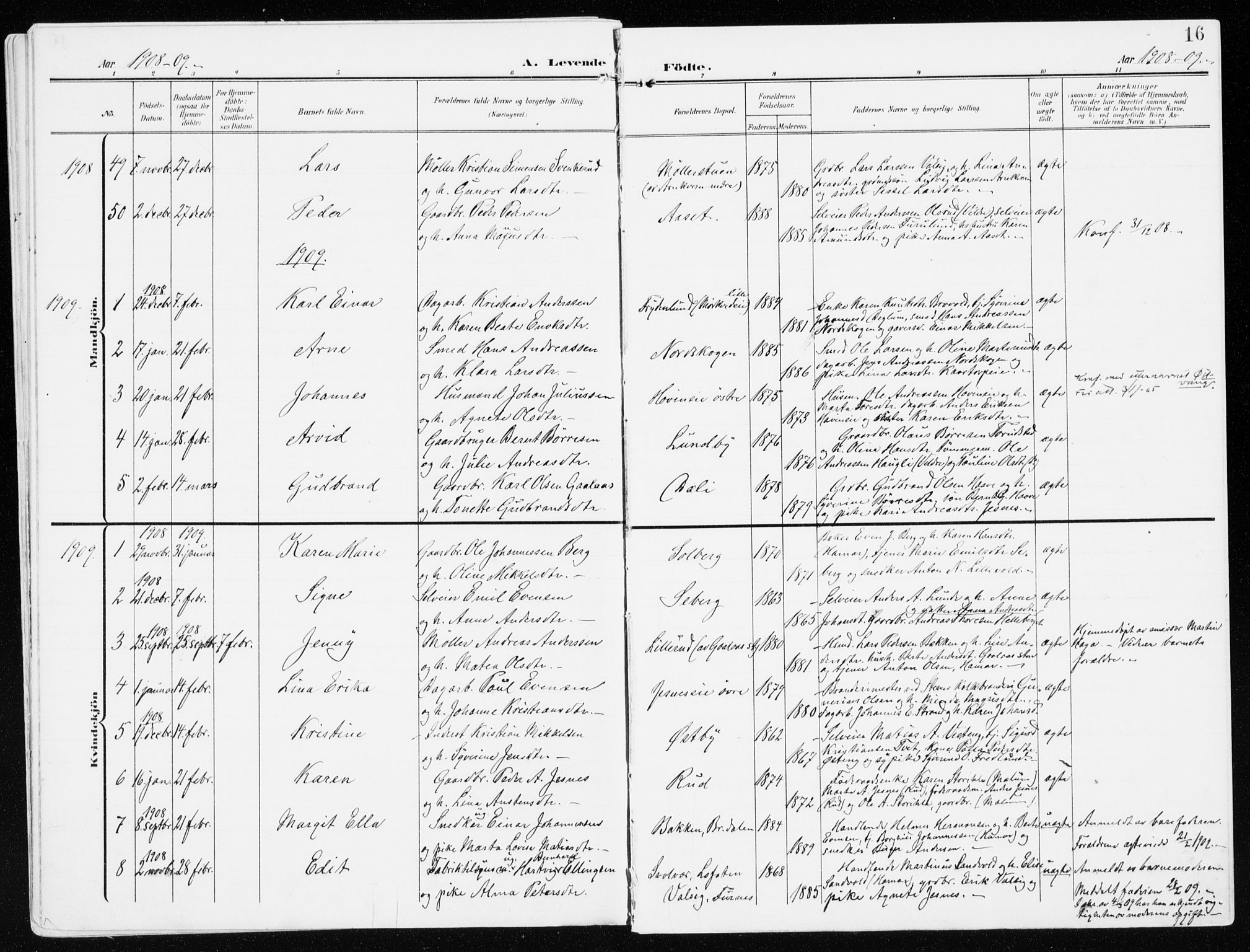 Furnes prestekontor, SAH/PREST-012/K/Ka/L0001: Parish register (official) no. 1, 1907-1935, p. 16