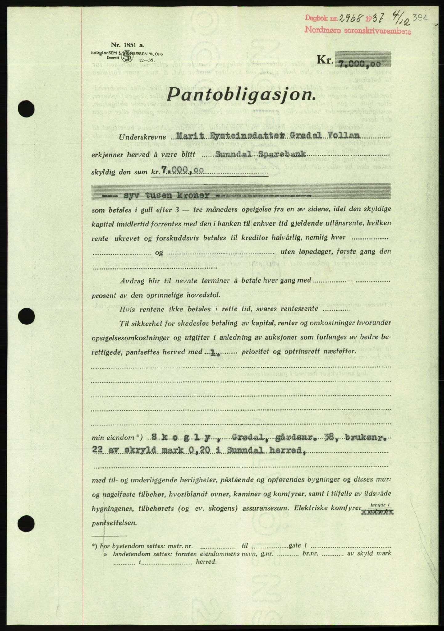 Nordmøre sorenskriveri, AV/SAT-A-4132/1/2/2Ca/L0092: Mortgage book no. B82, 1937-1938, Diary no: : 2968/1937