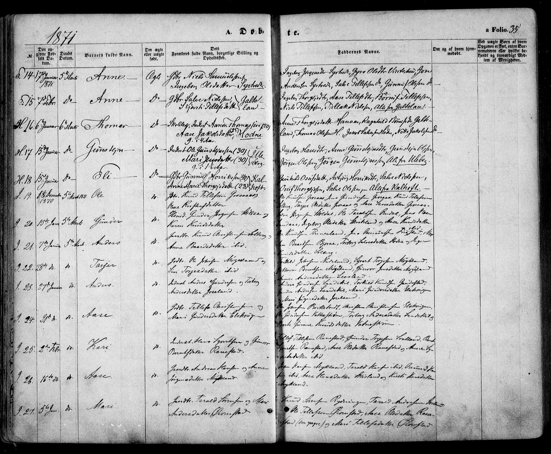 Evje sokneprestkontor, SAK/1111-0008/F/Fa/Faa/L0006: Parish register (official) no. A 6, 1866-1884, p. 35