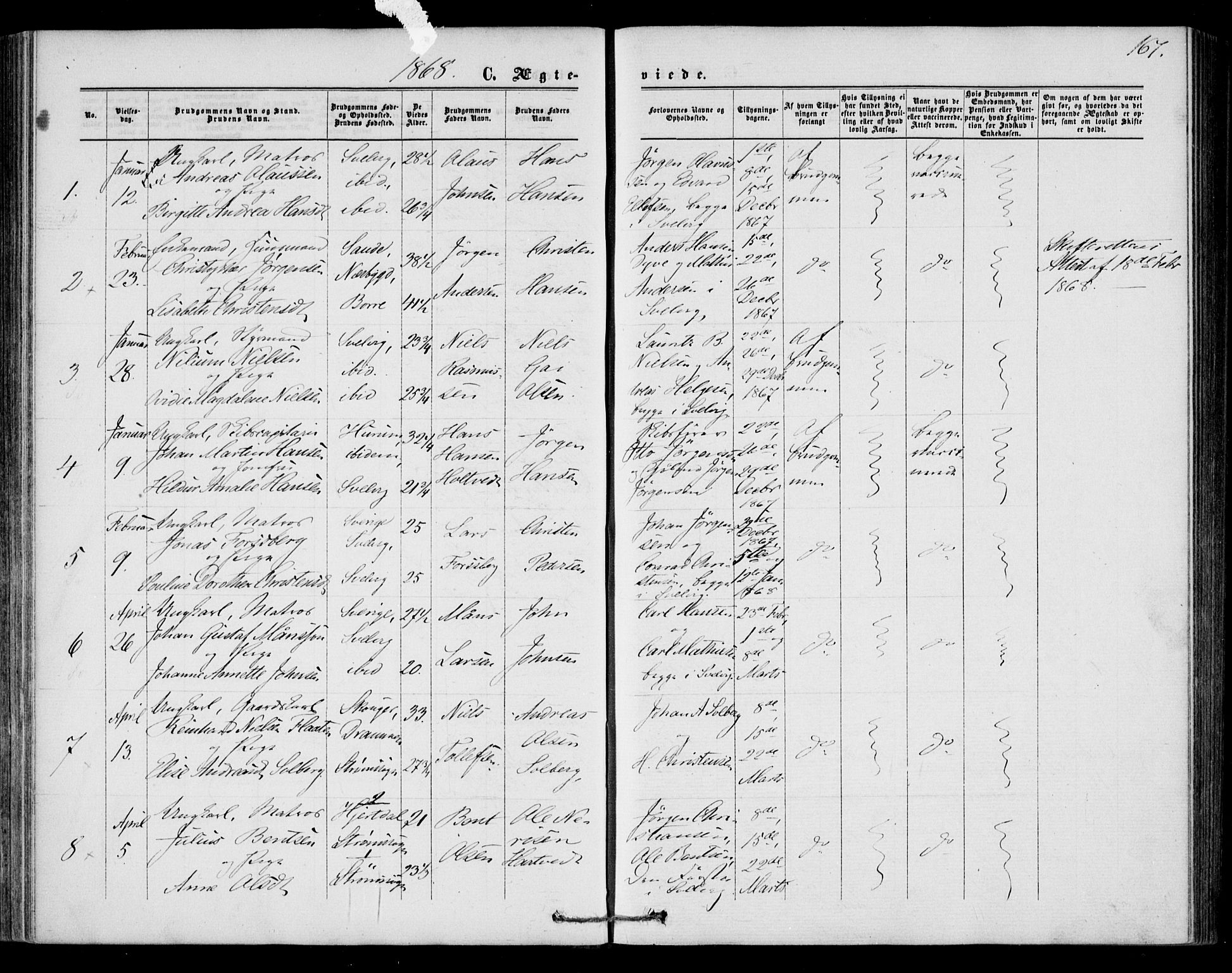 Strømm kirkebøker, AV/SAKO-A-322/F/Fa/L0001: Parish register (official) no. I 1, 1861-1869, p. 167