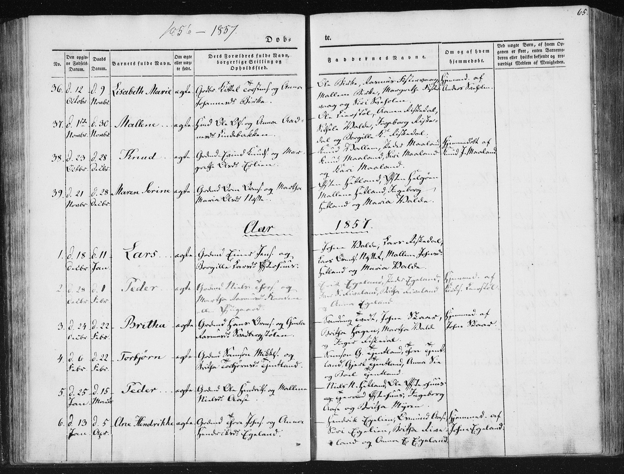 Hjelmeland sokneprestkontor, AV/SAST-A-101843/01/IV/L0008: Parish register (official) no. A 8, 1842-1861, p. 65