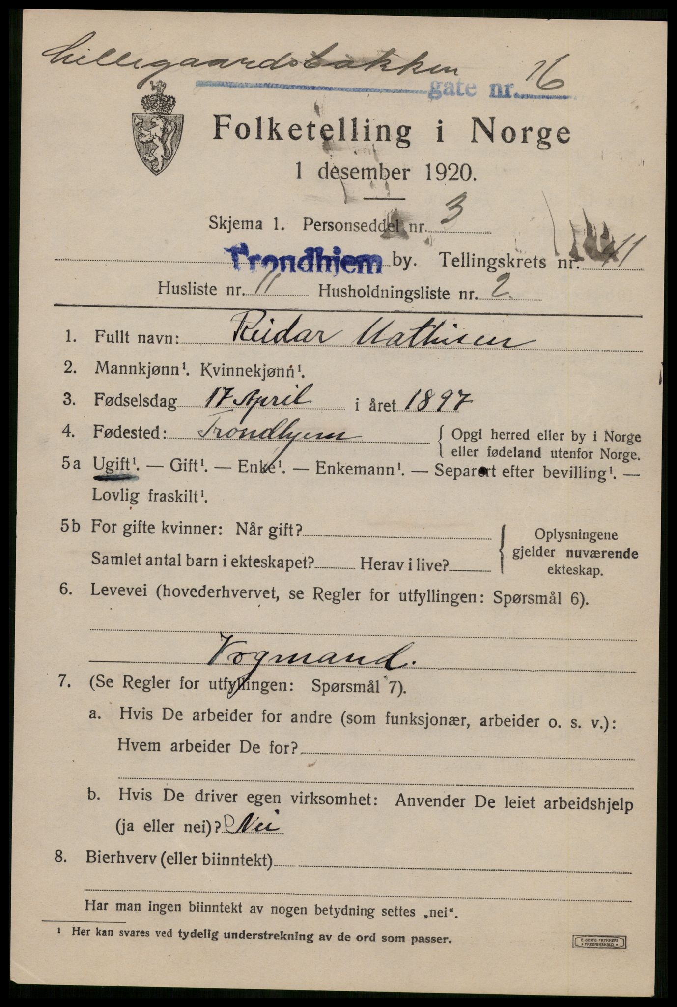 SAT, 1920 census for Trondheim, 1920, p. 91096