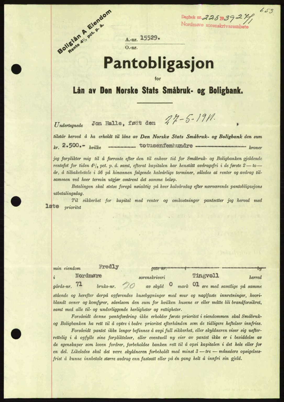 Nordmøre sorenskriveri, SAT/A-4132/1/2/2Ca: Mortgage book no. B84, 1938-1939, Diary no: : 228/1939