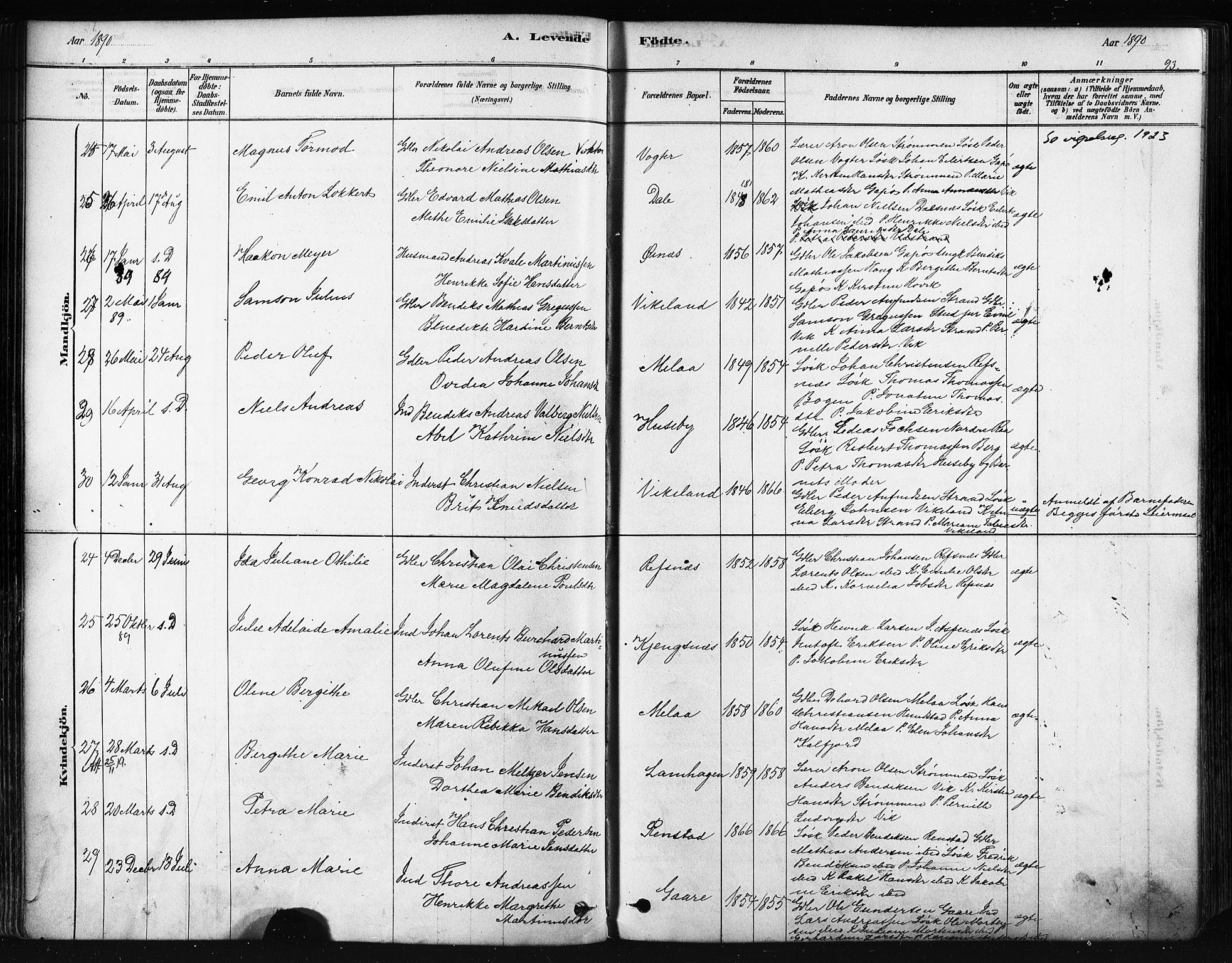 Kvæfjord sokneprestkontor, AV/SATØ-S-1323/G/Ga/Gaa/L0005kirke: Parish register (official) no. 5, 1878-1894, p. 93