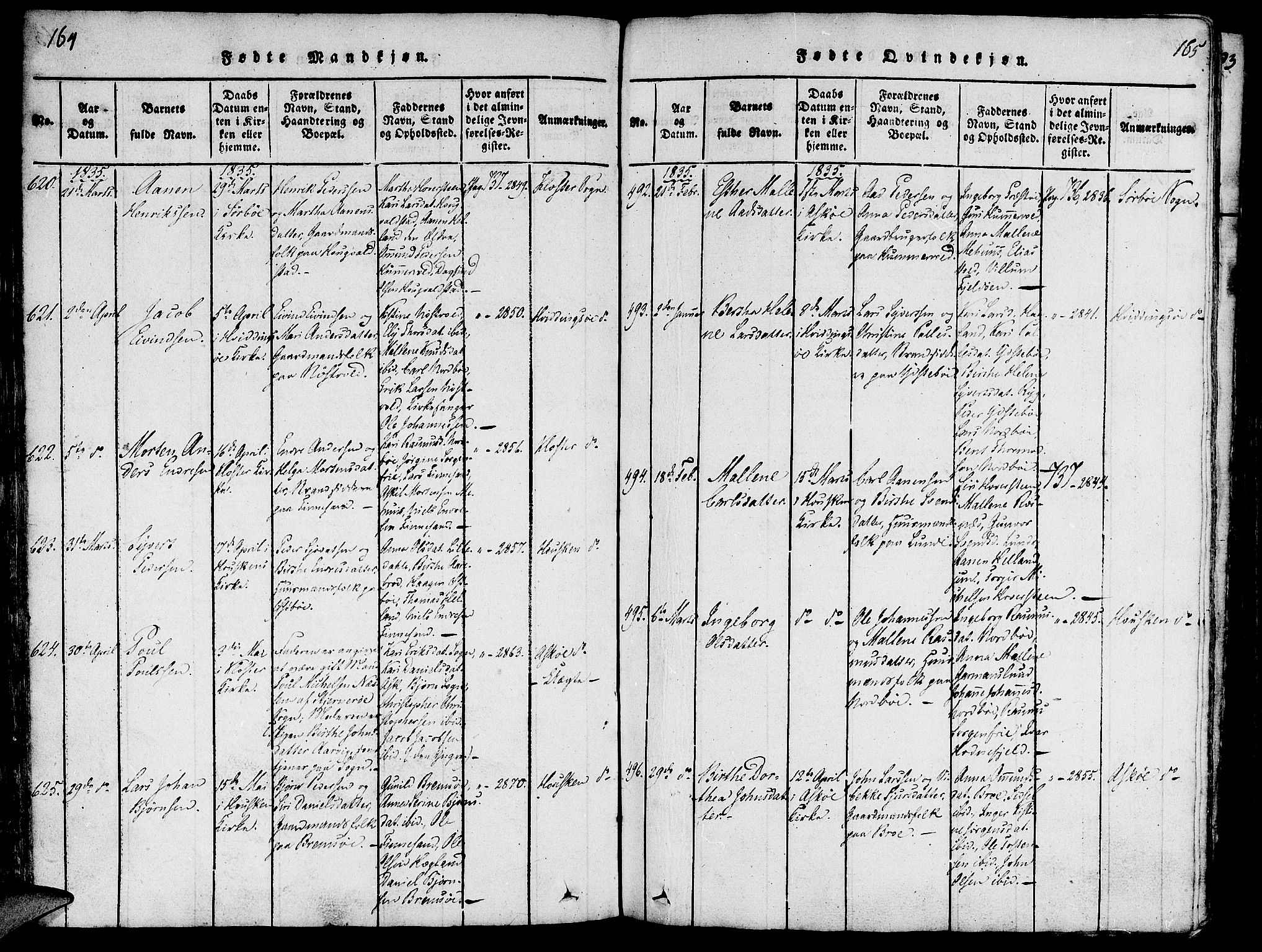 Rennesøy sokneprestkontor, AV/SAST-A -101827/H/Ha/Haa/L0004: Parish register (official) no. A 4, 1816-1837, p. 164-165