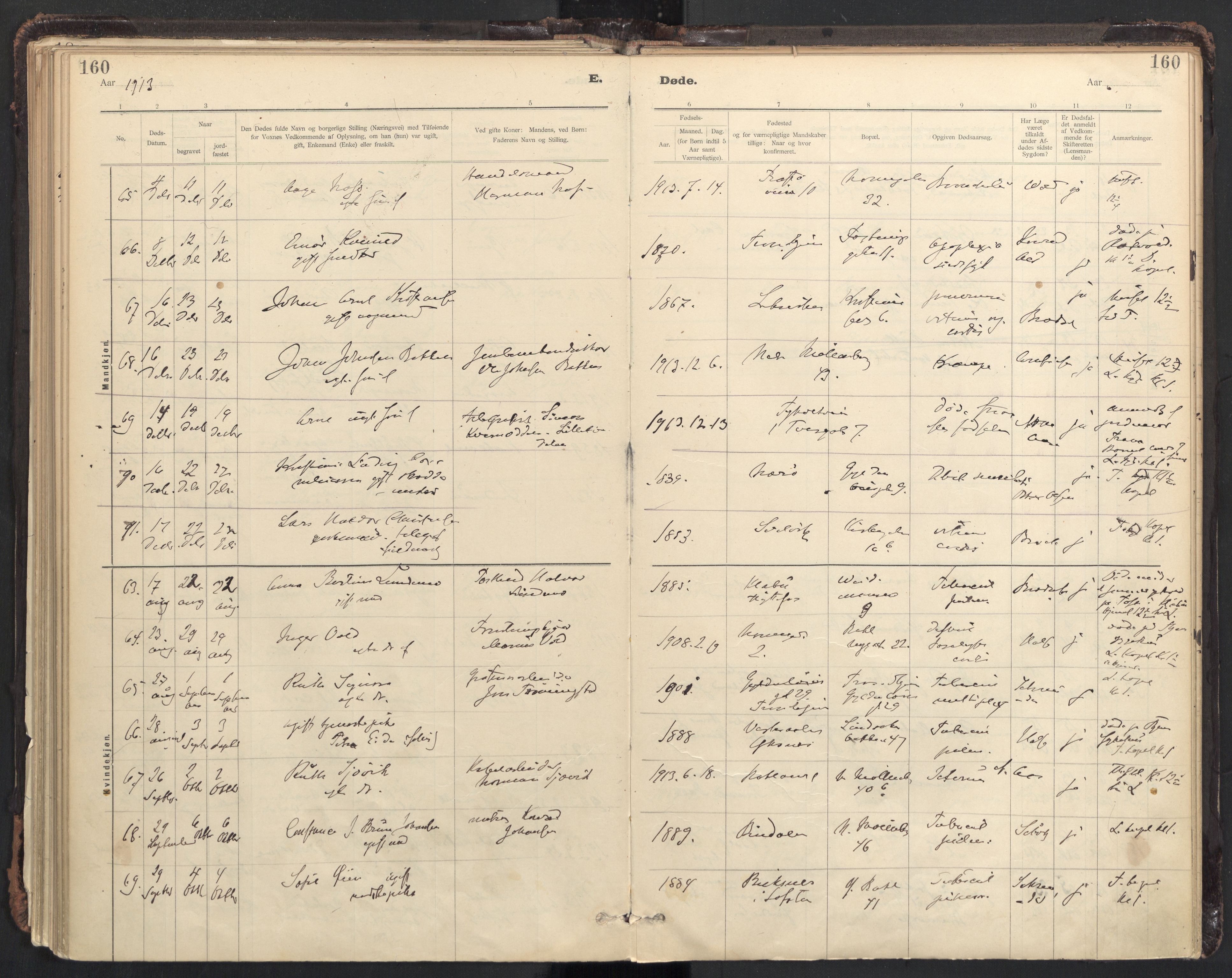 Ministerialprotokoller, klokkerbøker og fødselsregistre - Sør-Trøndelag, AV/SAT-A-1456/604/L0204: Parish register (official) no. 604A24, 1911-1920, p. 160