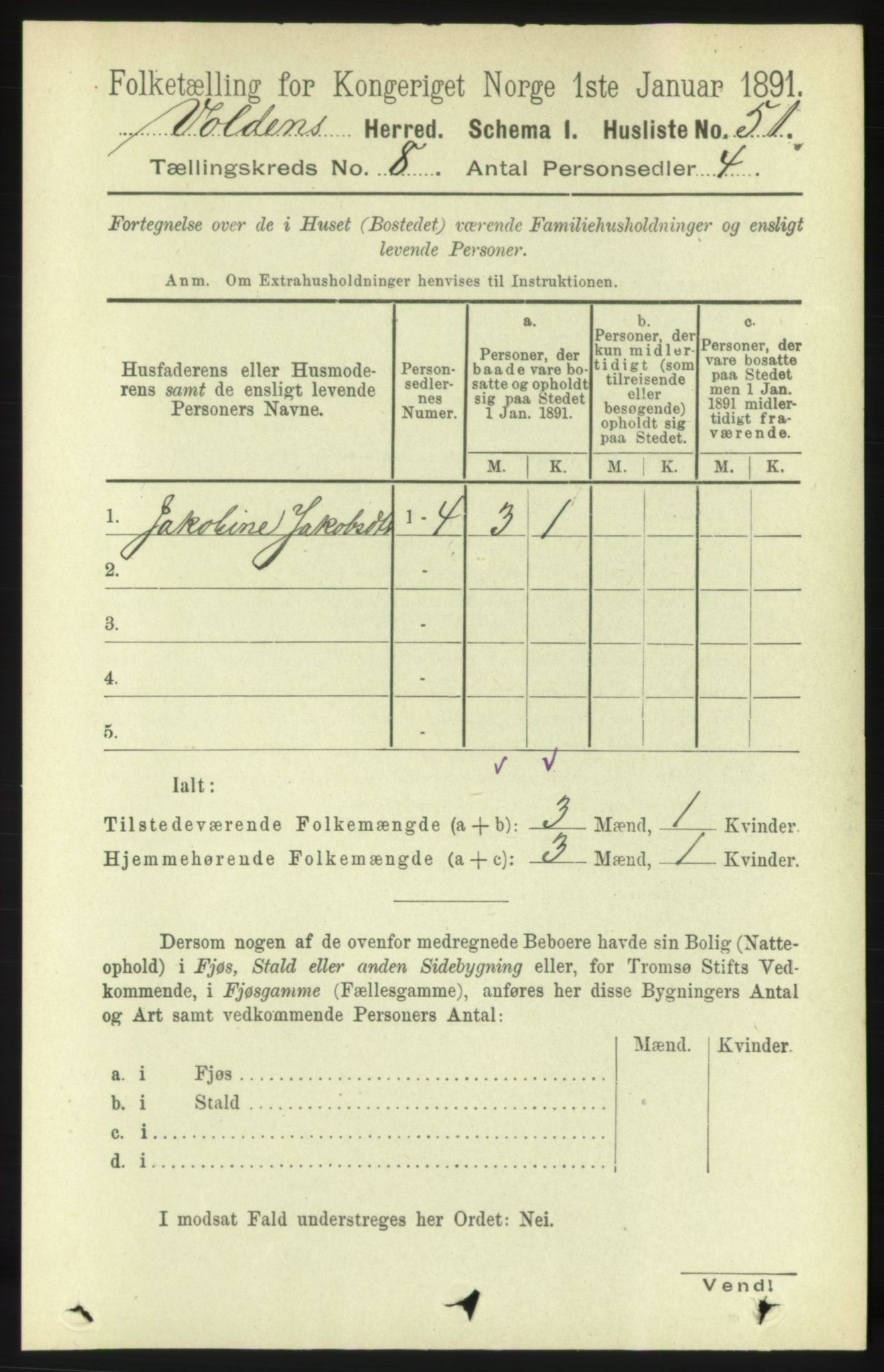 RA, 1891 census for 1519 Volda, 1891, p. 3820