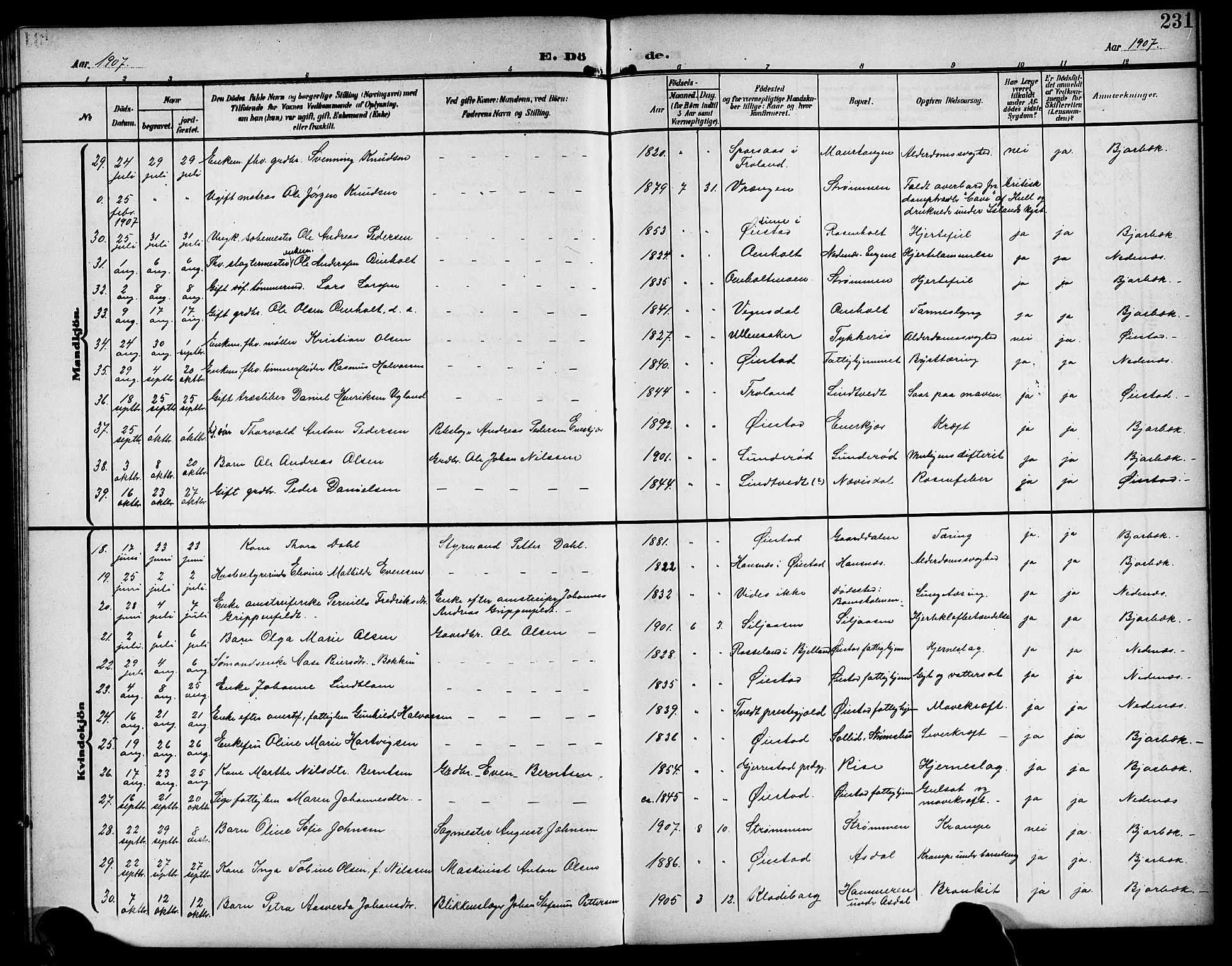 Øyestad sokneprestkontor, AV/SAK-1111-0049/F/Fb/L0011: Parish register (copy) no. B 11, 1906-1918, p. 231