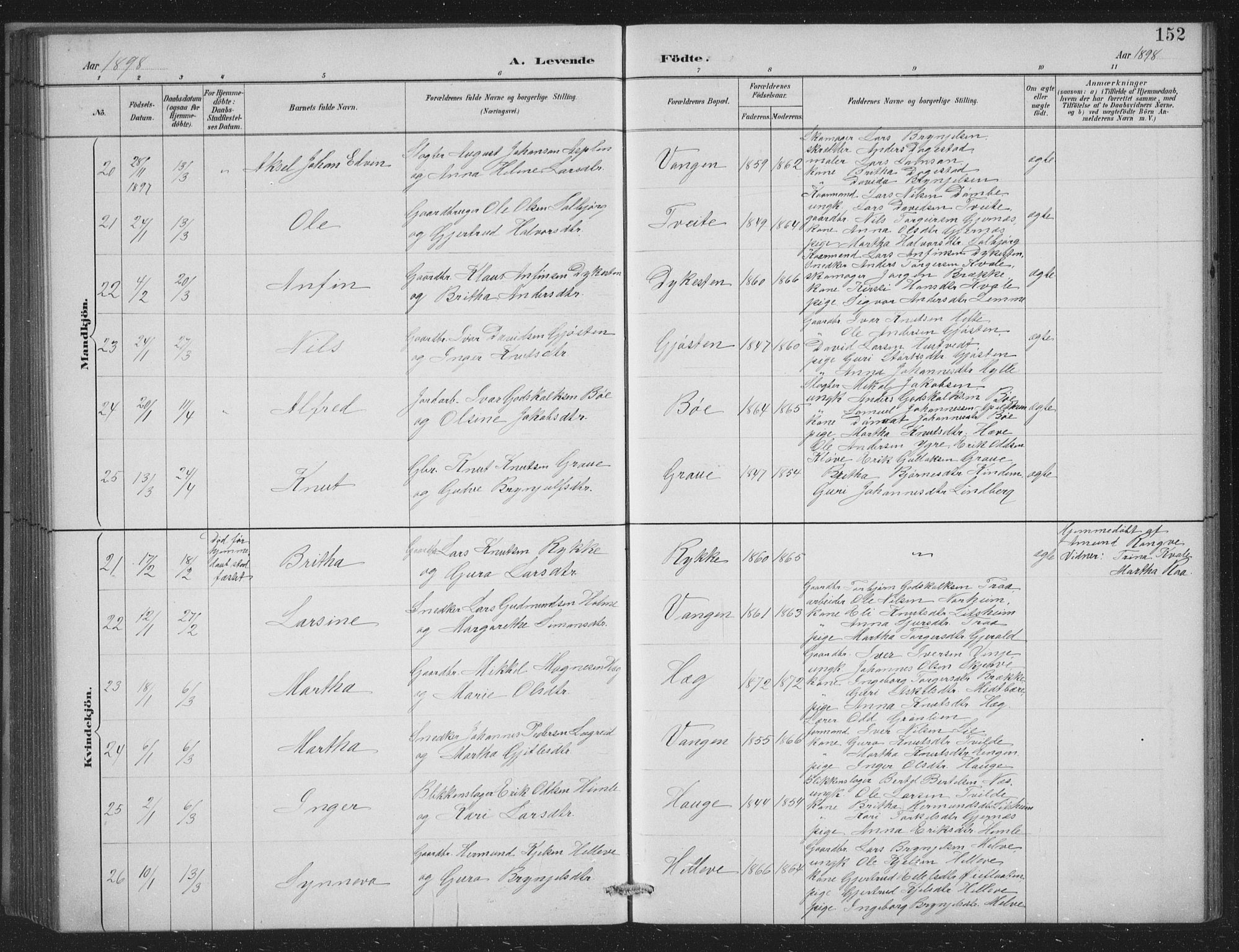 Voss sokneprestembete, SAB/A-79001/H/Hab: Parish register (copy) no. C 1, 1886-1899, p. 152