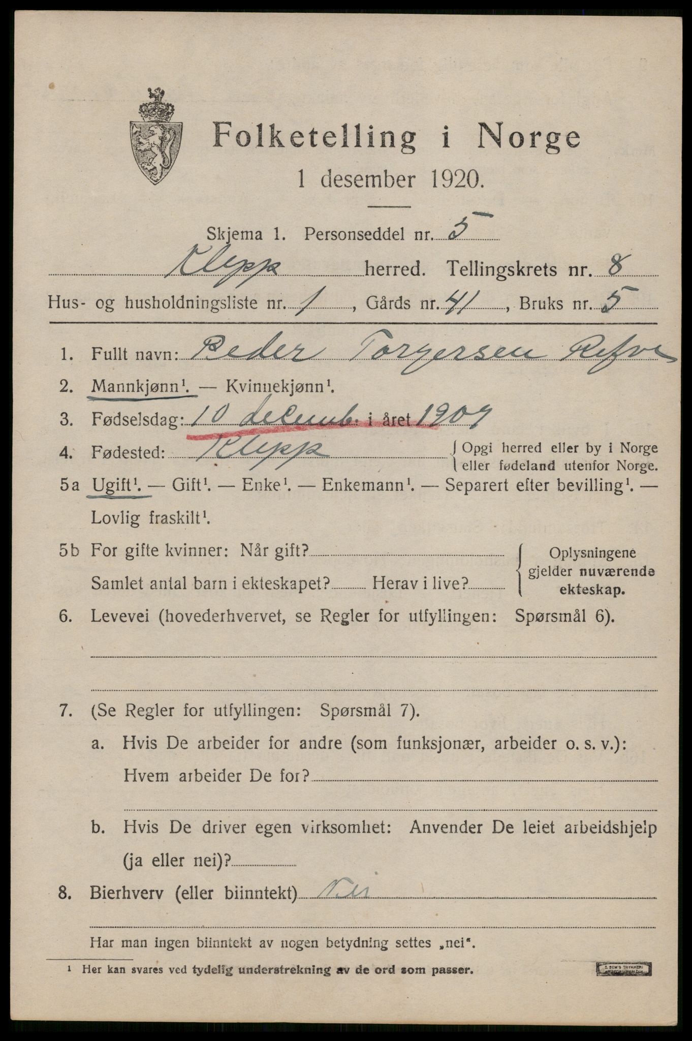 SAST, 1920 census for Klepp, 1920, p. 6966