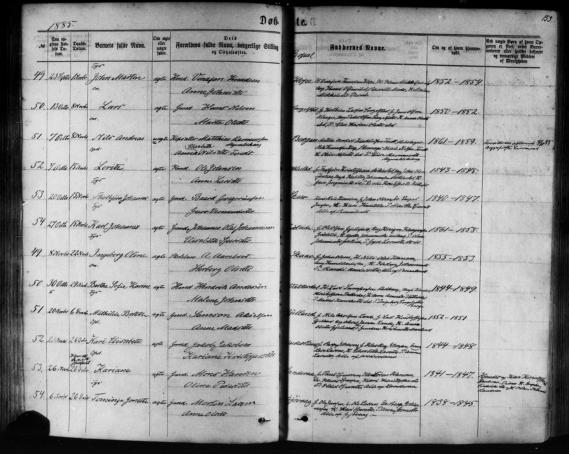 Tysnes sokneprestembete, AV/SAB-A-78601/H/Haa: Parish register (official) no. A 12, 1872-1886, p. 153