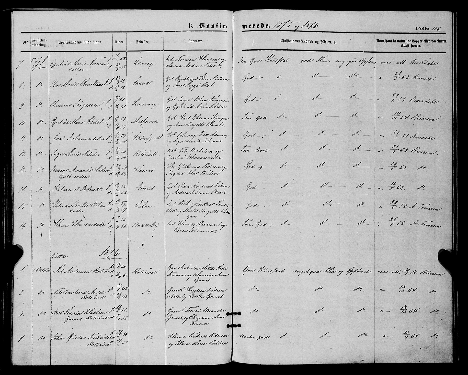 Skjervøy sokneprestkontor, AV/SATØ-S-1300/H/Ha/Haa/L0008kirke: Parish register (official) no. 8, 1871-1877, p. 105
