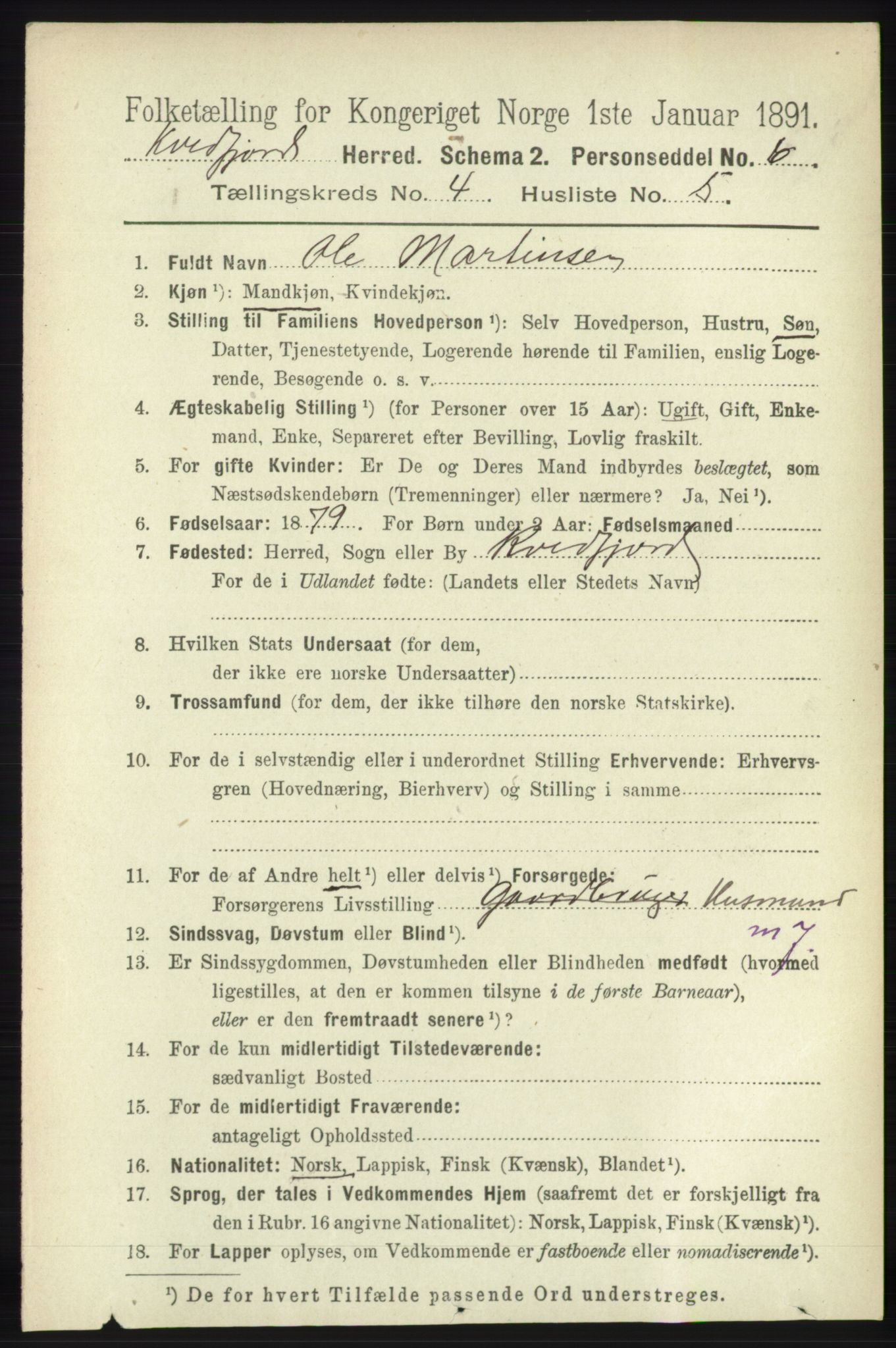 RA, 1891 census for 1911 Kvæfjord, 1891, p. 1919