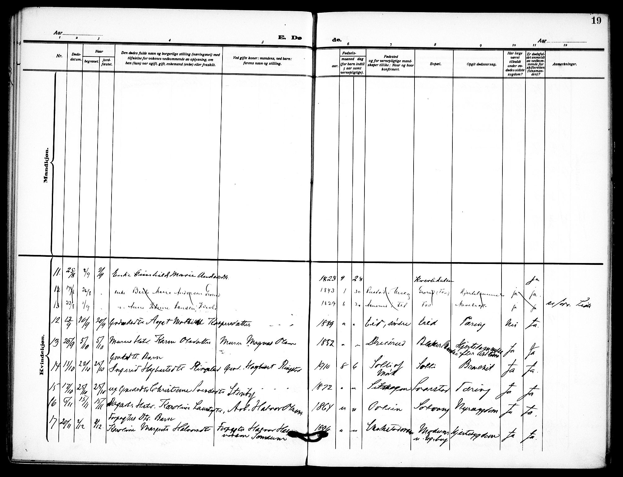 Aurskog prestekontor Kirkebøker, SAO/A-10304a/F/Fb/L0003: Parish register (official) no. II 3, 1909-1919, p. 19