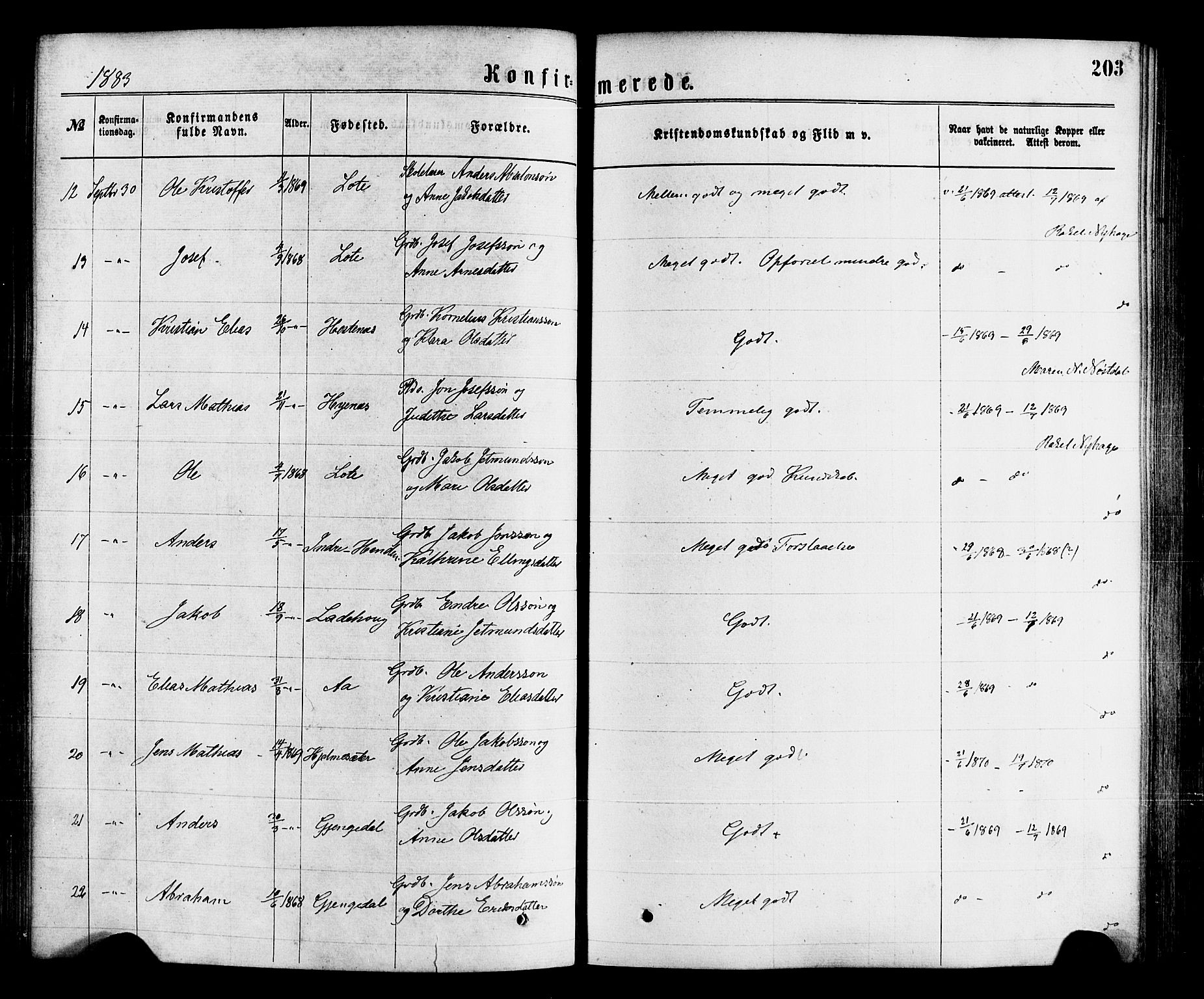 Gloppen sokneprestembete, SAB/A-80101/H/Haa/Haaa/L0010: Parish register (official) no. A 10, 1871-1884, p. 203