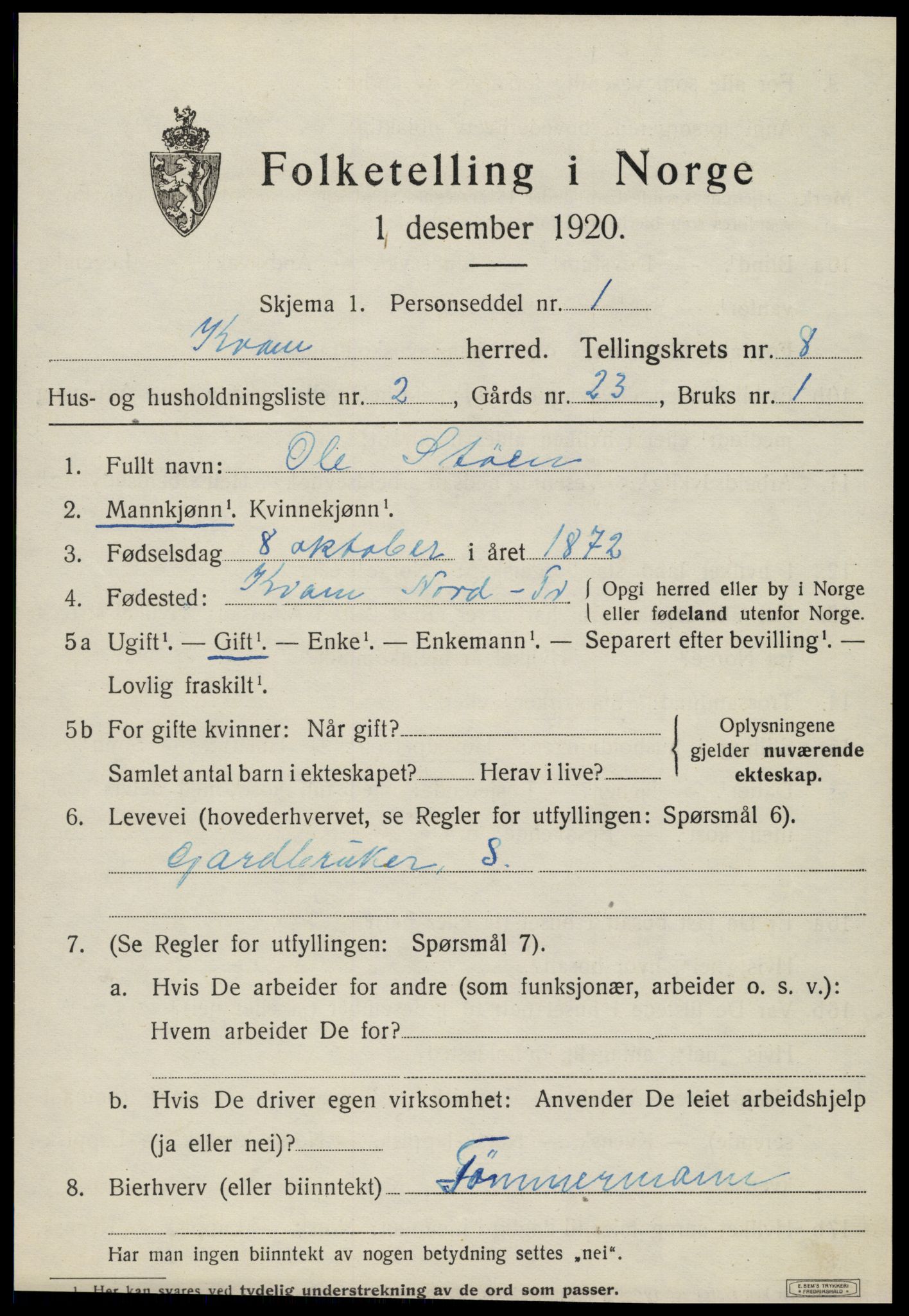 SAT, 1920 census for Kvam, 1920, p. 1999