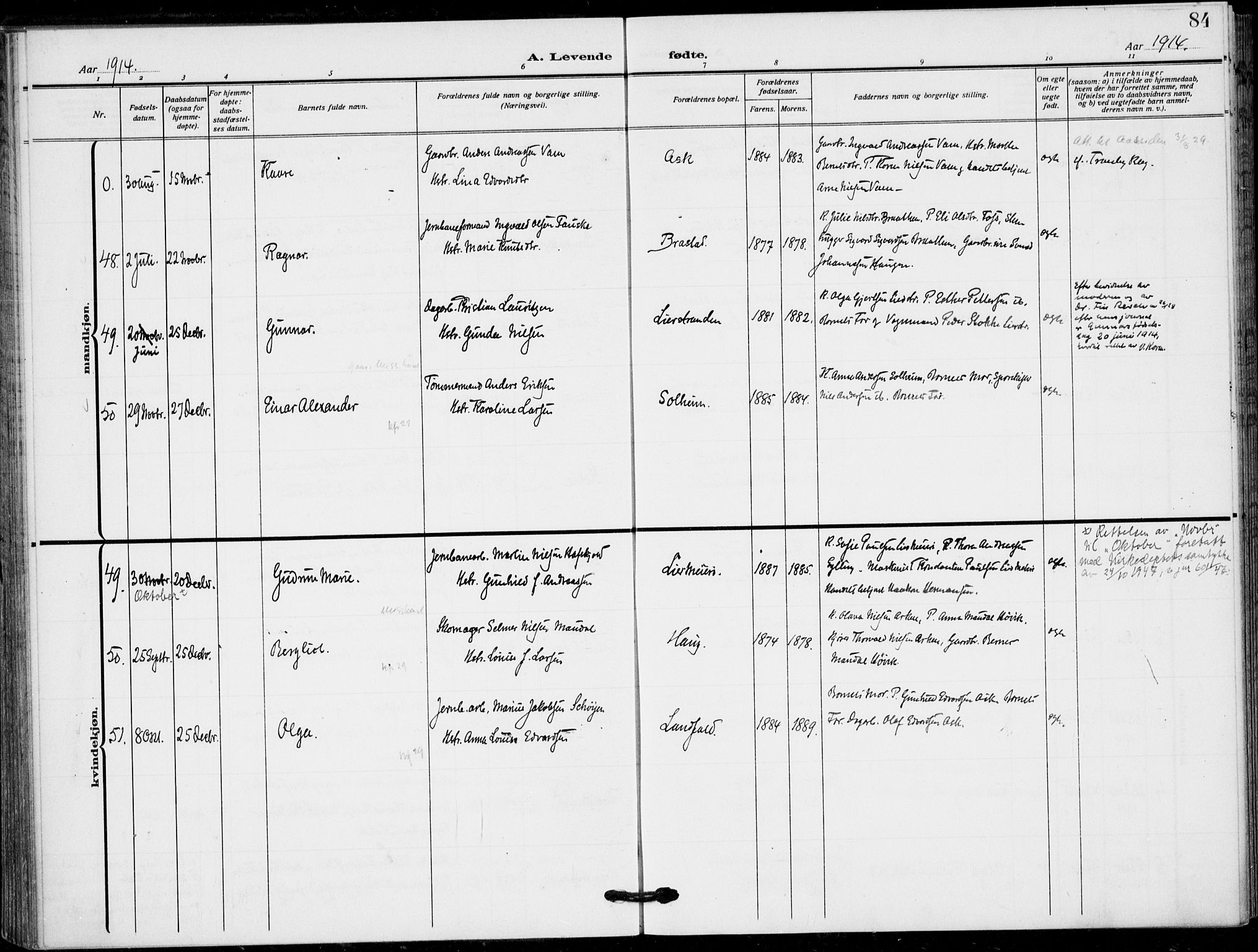 Lier kirkebøker, AV/SAKO-A-230/F/Fa/L0018: Parish register (official) no. I 18, 1909-1917, p. 84