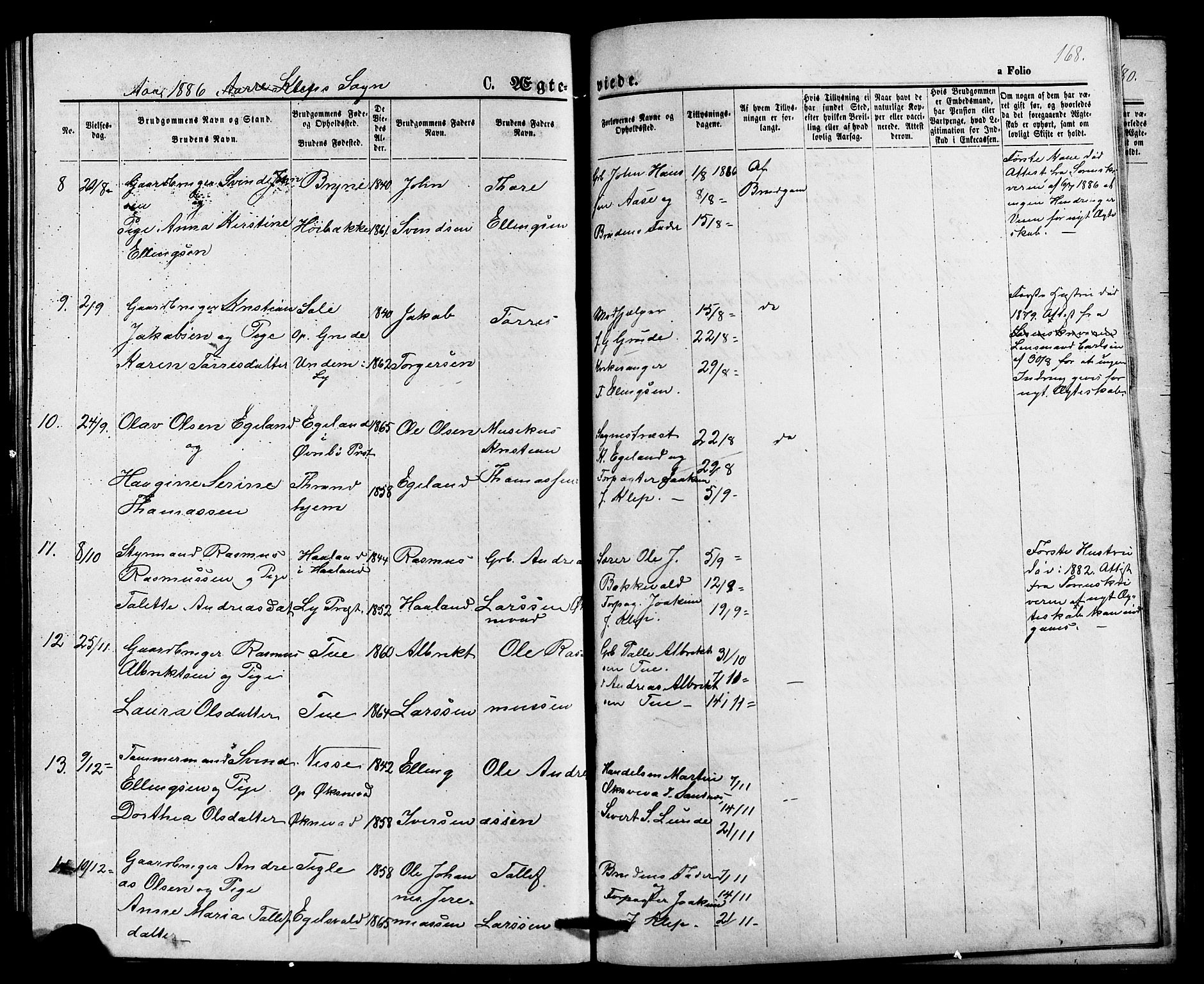 Klepp sokneprestkontor, AV/SAST-A-101803/001/3/30BB/L0003: Parish register (copy) no. B 3, 1876-1888, p. 168