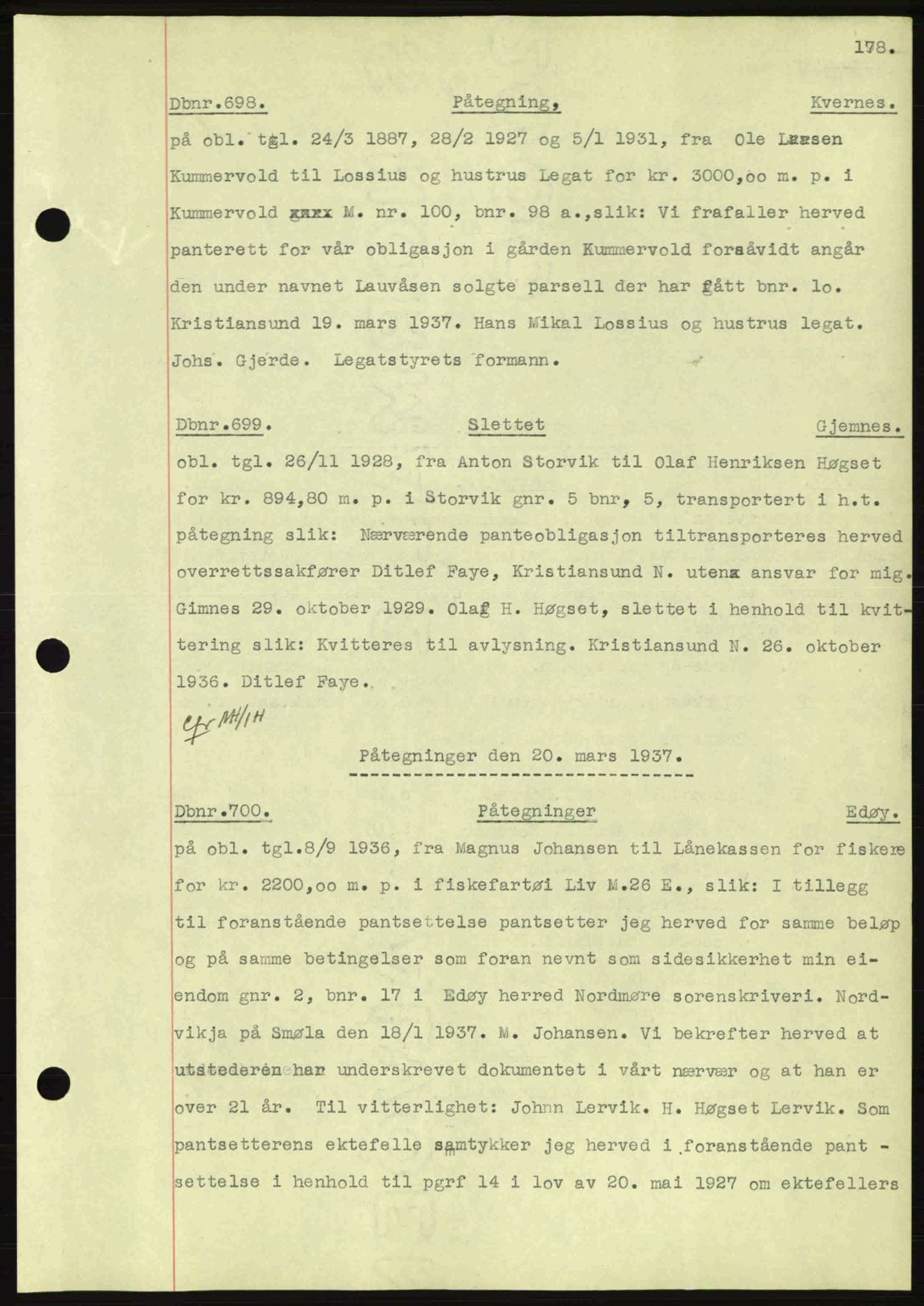 Nordmøre sorenskriveri, AV/SAT-A-4132/1/2/2Ca: Mortgage book no. C80, 1936-1939, Diary no: : 698/1937