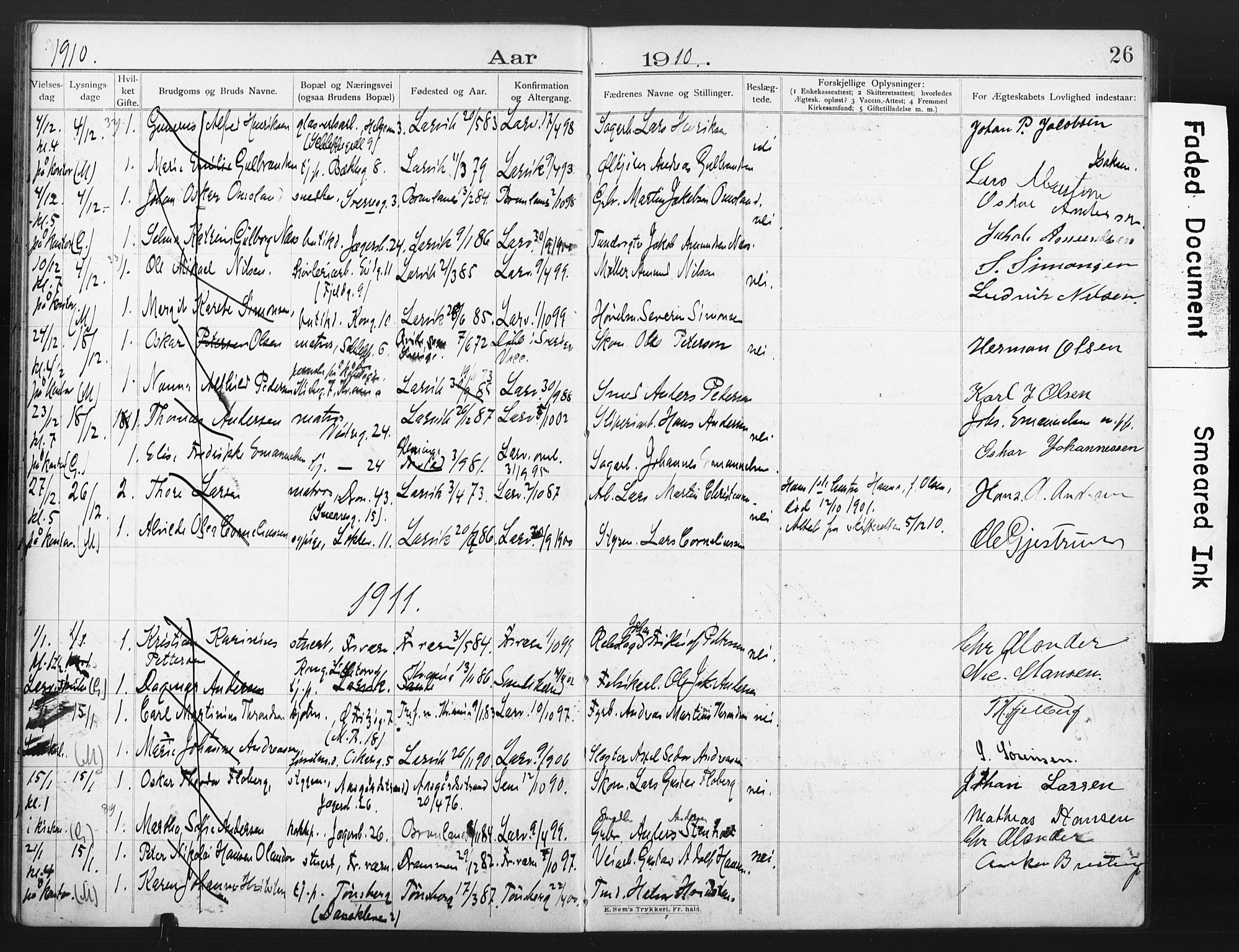 Larvik kirkebøker, AV/SAKO-A-352/H/Ha/L0003: Banns register no. 3, 1907-1918, p. 26