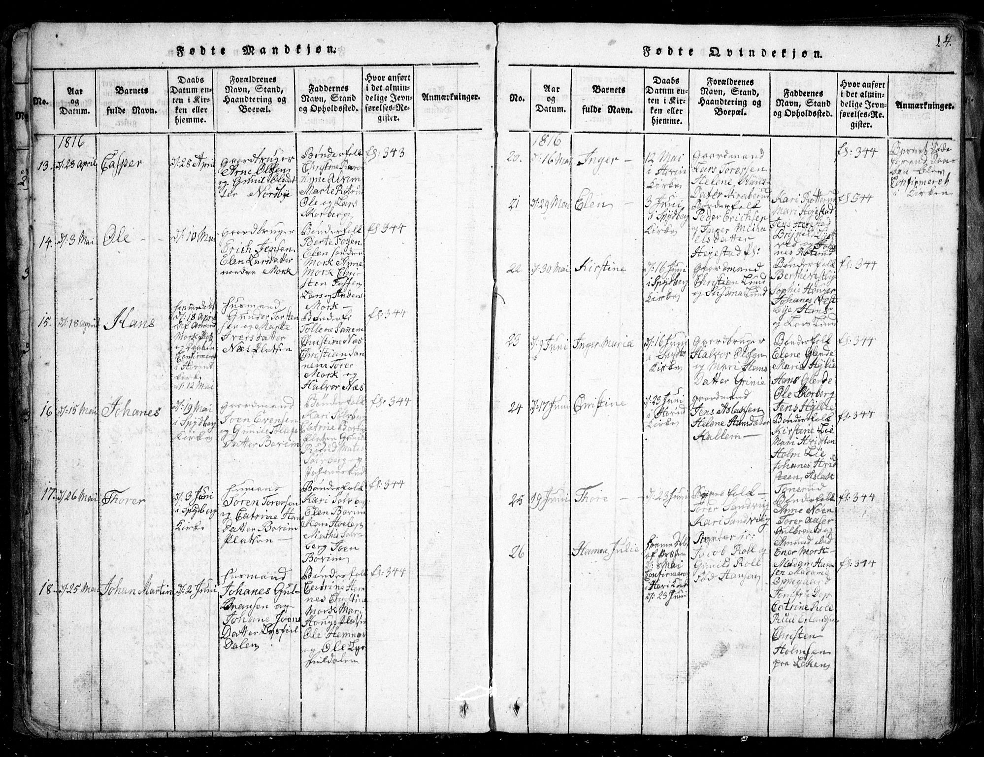 Spydeberg prestekontor Kirkebøker, AV/SAO-A-10924/G/Ga/L0001: Parish register (copy) no. I 1, 1814-1868, p. 14