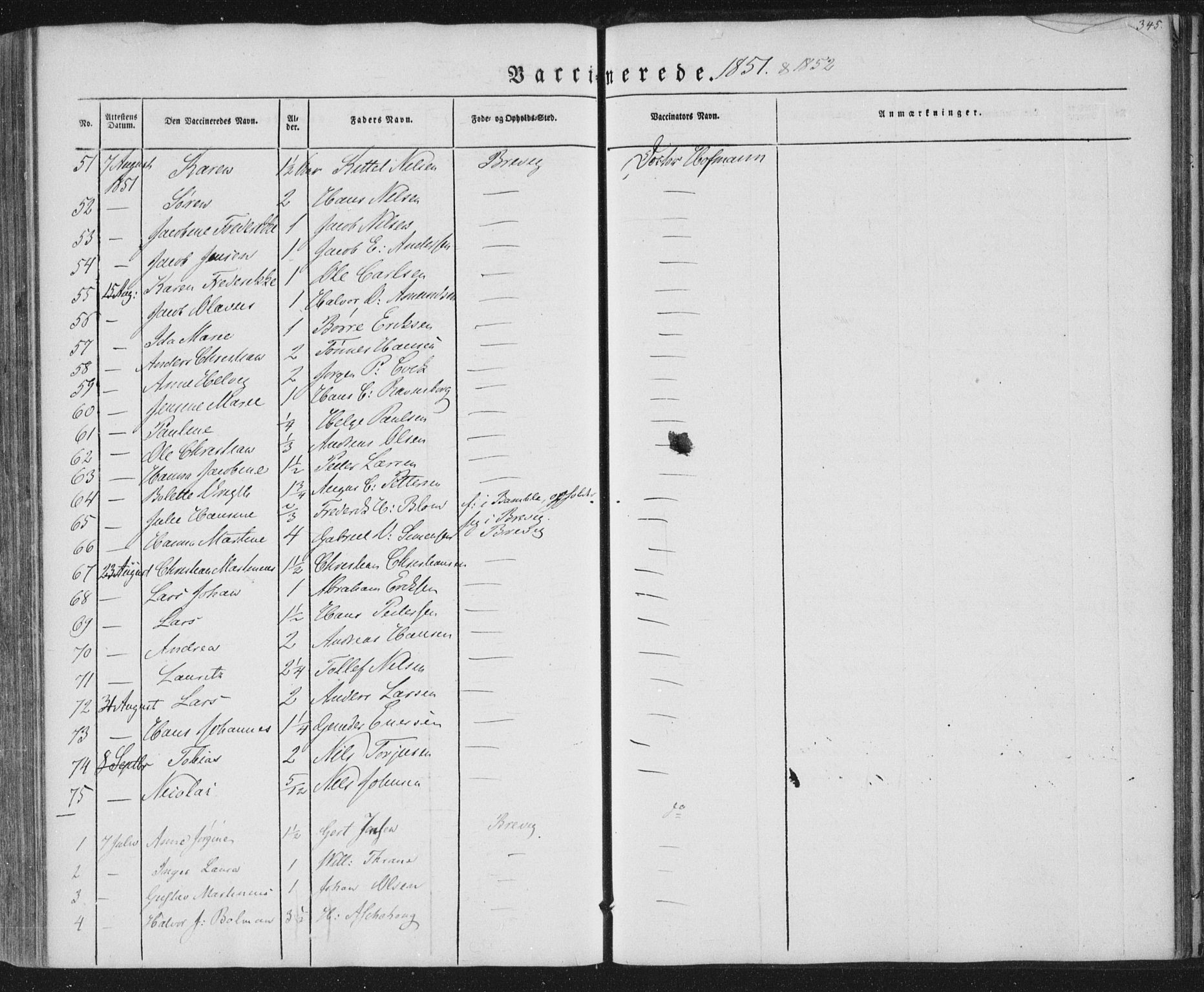 Brevik kirkebøker, AV/SAKO-A-255/F/Fa/L0005: Parish register (official) no. 5, 1847-1865, p. 345