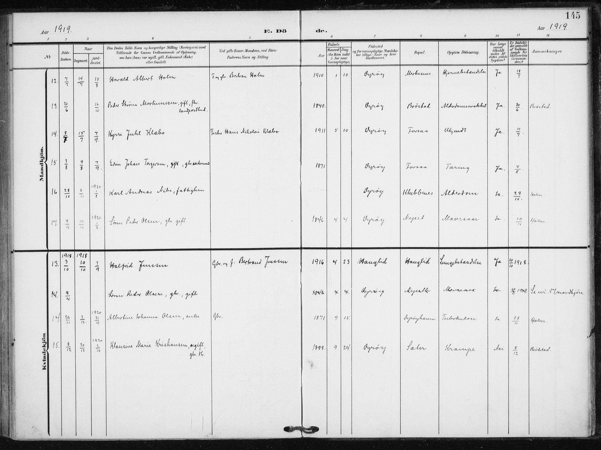 Tranøy sokneprestkontor, AV/SATØ-S-1313/I/Ia/Iaa/L0013kirke: Parish register (official) no. 13, 1905-1922, p. 145