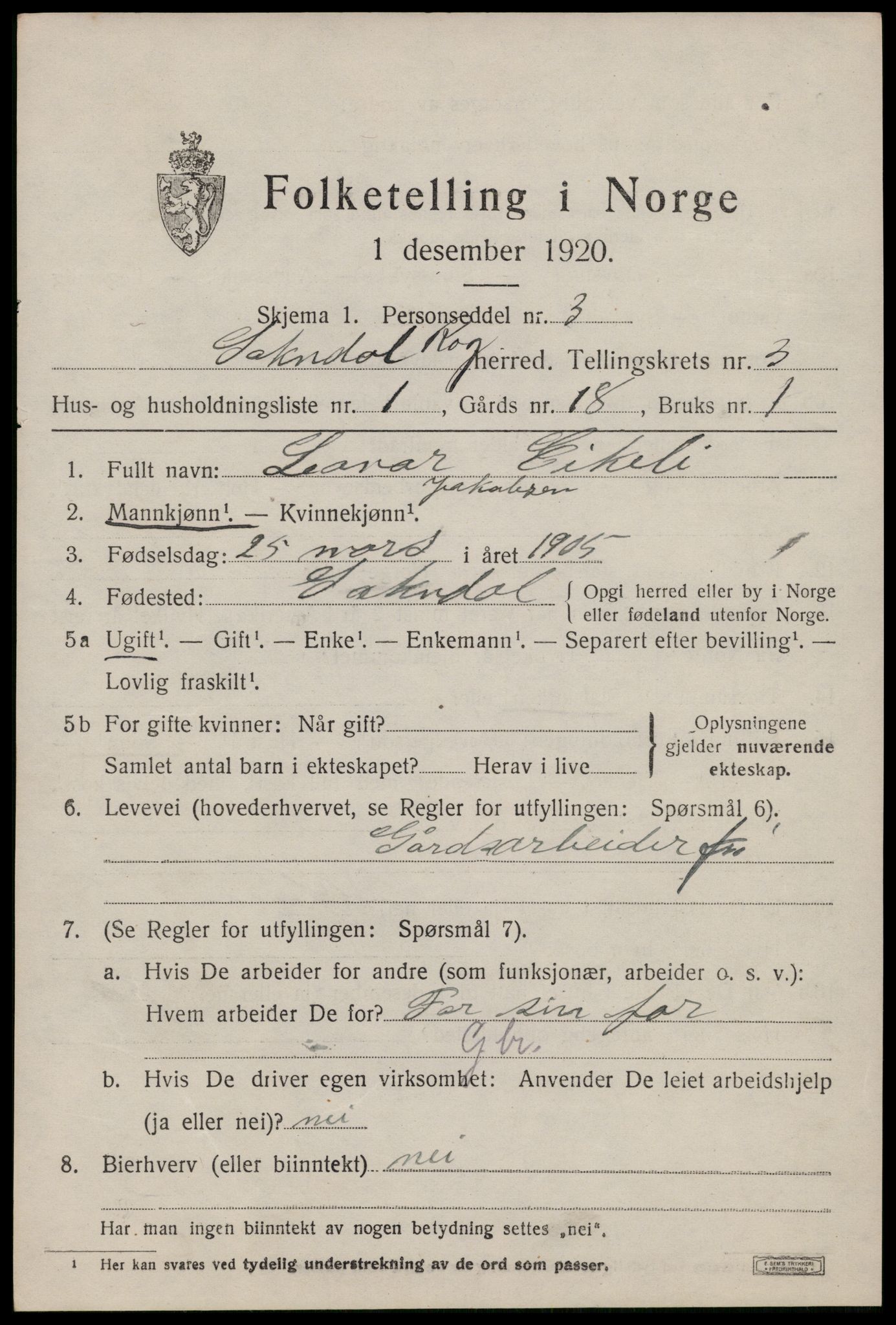 SAST, 1920 census for Sokndal, 1920, p. 2101