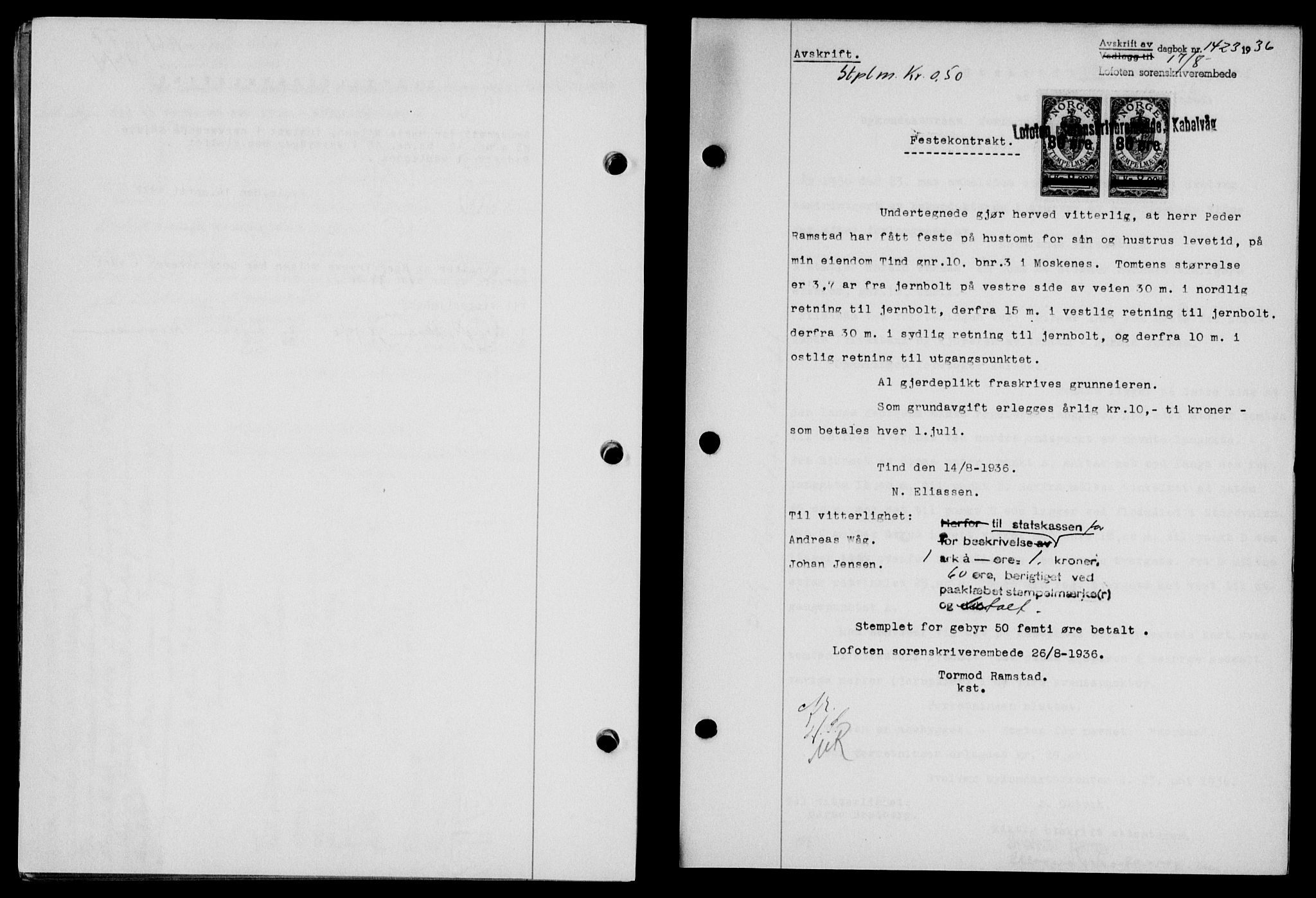 Lofoten sorenskriveri, SAT/A-0017/1/2/2C/L0001a: Mortgage book no. 1a, 1936-1937, Diary no: : 1423/1936