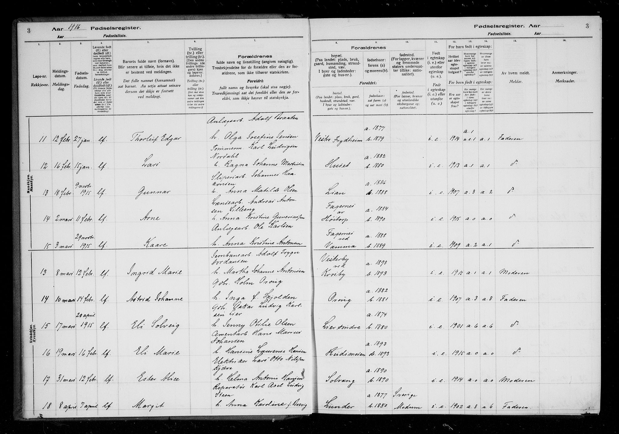 Askim prestekontor Kirkebøker, AV/SAO-A-10900/J/Ja/L0001: Birth register no. 1, 1916-1929, p. 3