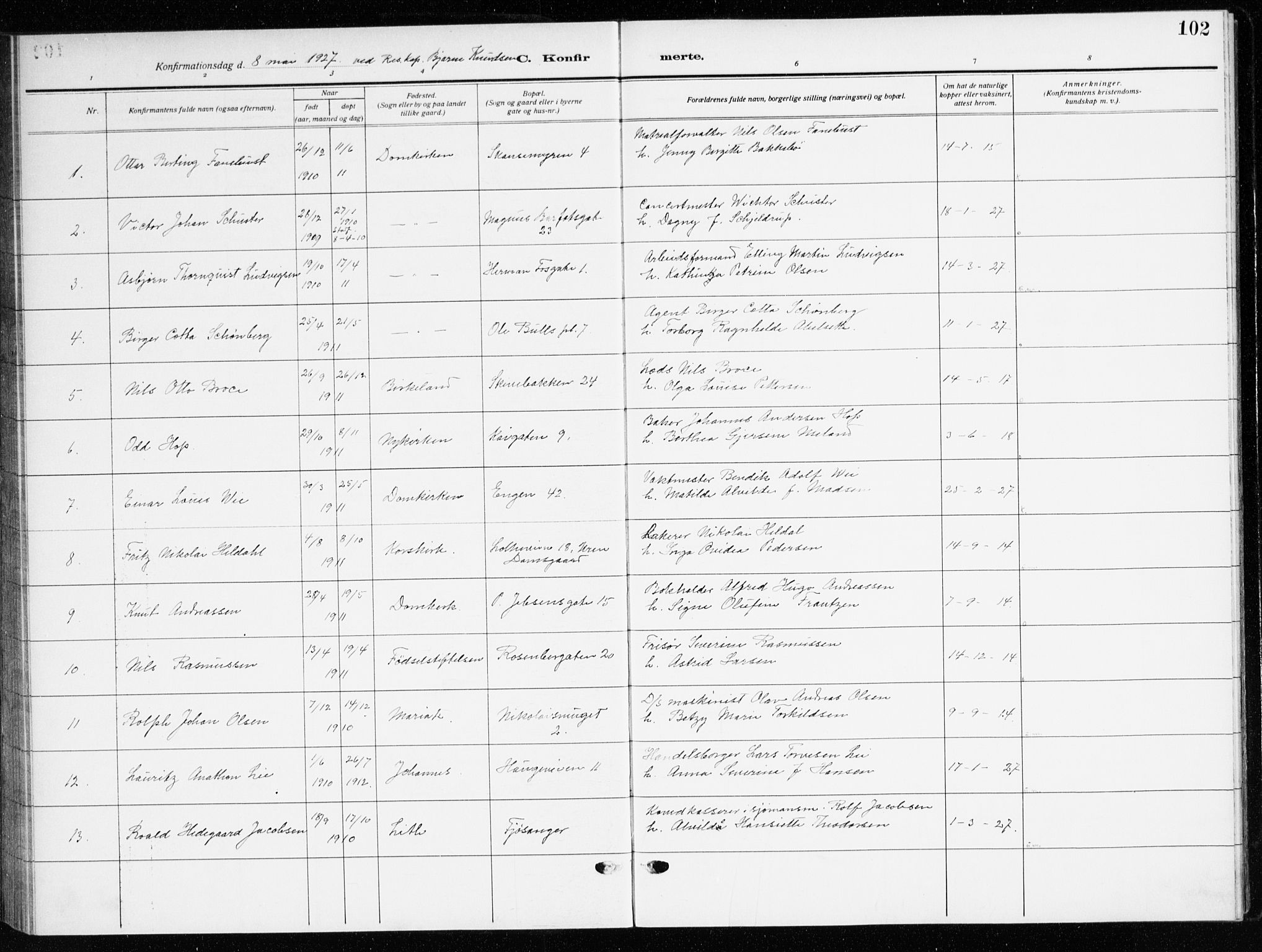 Domkirken sokneprestembete, AV/SAB-A-74801/H/Haa/L0032: Parish register (official) no. C 7, 1915-1930, p. 102