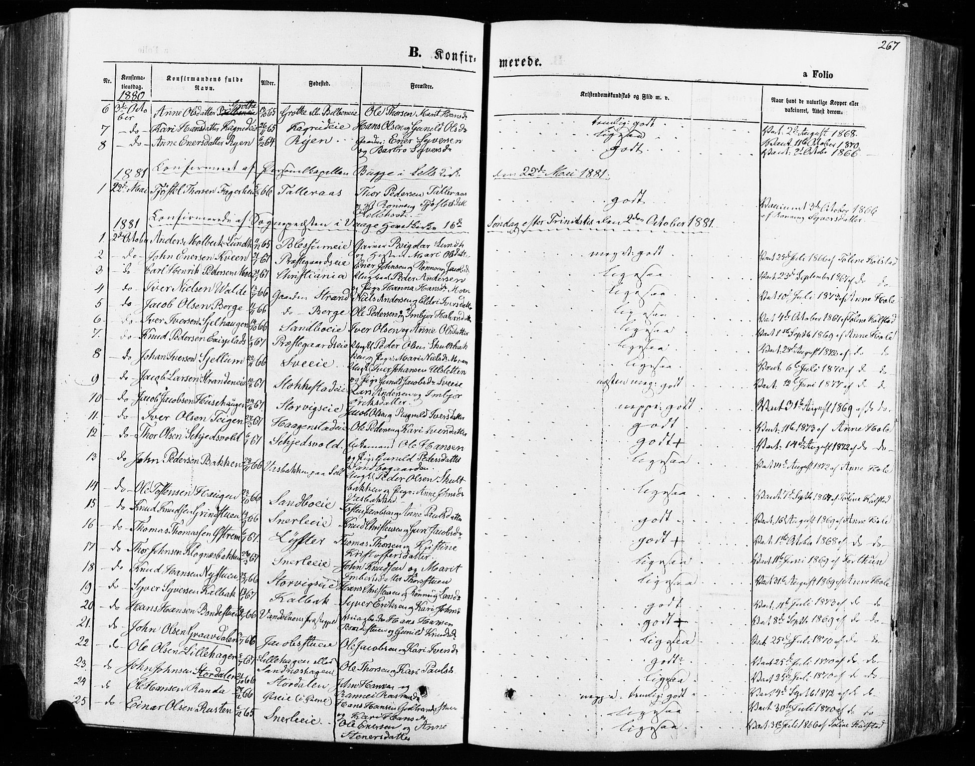 Vågå prestekontor, SAH/PREST-076/H/Ha/Haa/L0007: Parish register (official) no. 7 /1, 1872-1886, p. 267