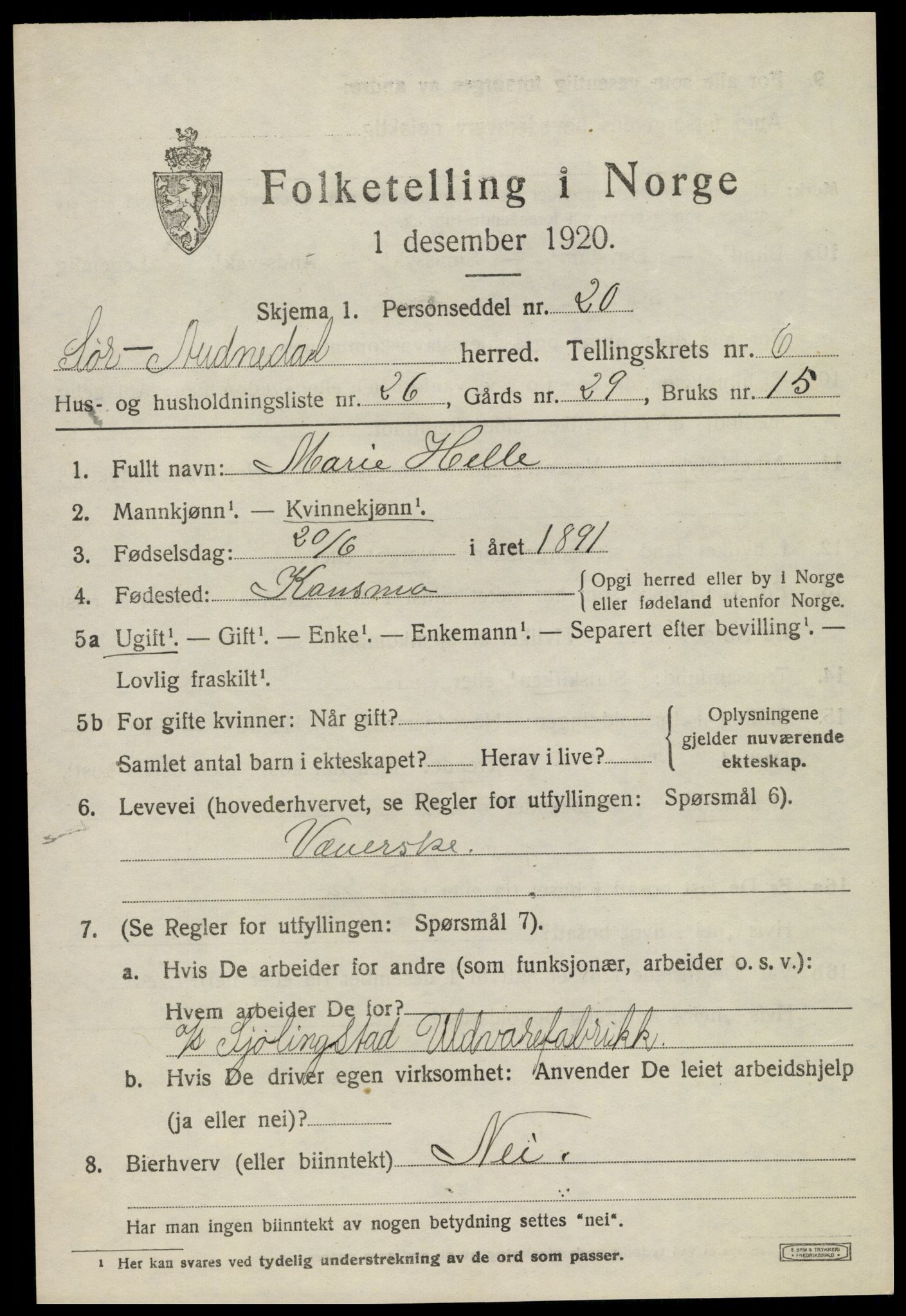 SAK, 1920 census for Sør-Audnedal, 1920, p. 2987