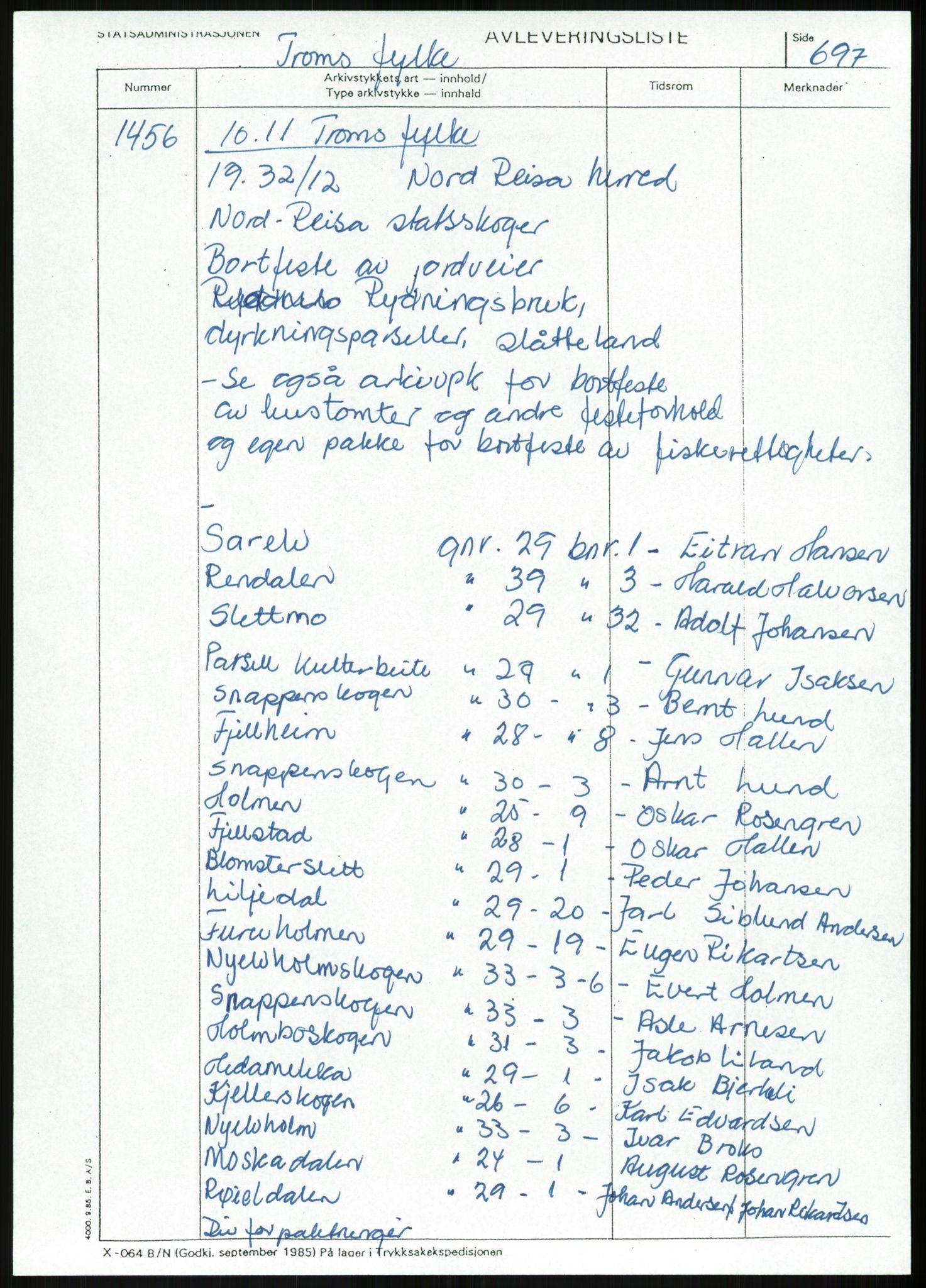 Direktoratet for statens skoger, AV/RA-S-1600/2/E/Eg/L0003: Arkivliste for 10.11-serien. Nord-Trøndelag til Finnmark fylke. Mappenr. 926 - 1505, 1957-1992, p. 509