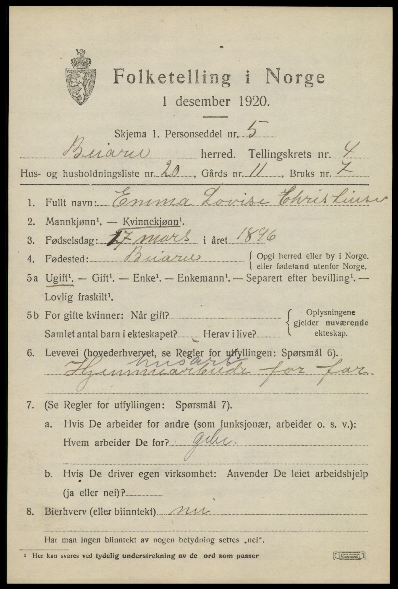 SAT, 1920 census for Beiarn, 1920, p. 1916