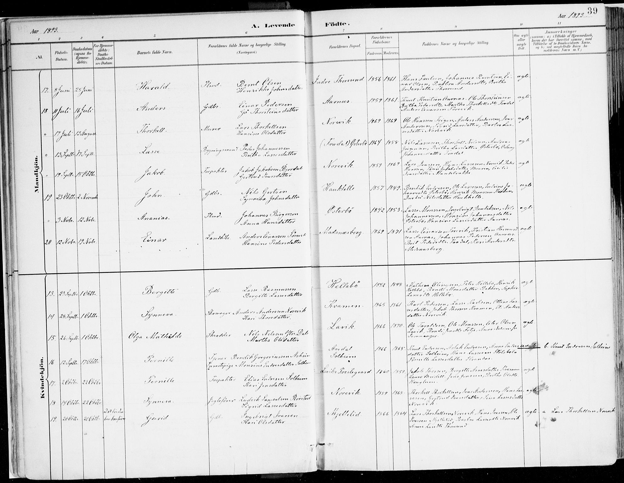 Lavik sokneprestembete, AV/SAB-A-80901: Parish register (official) no. B 1, 1882-1908, p. 39