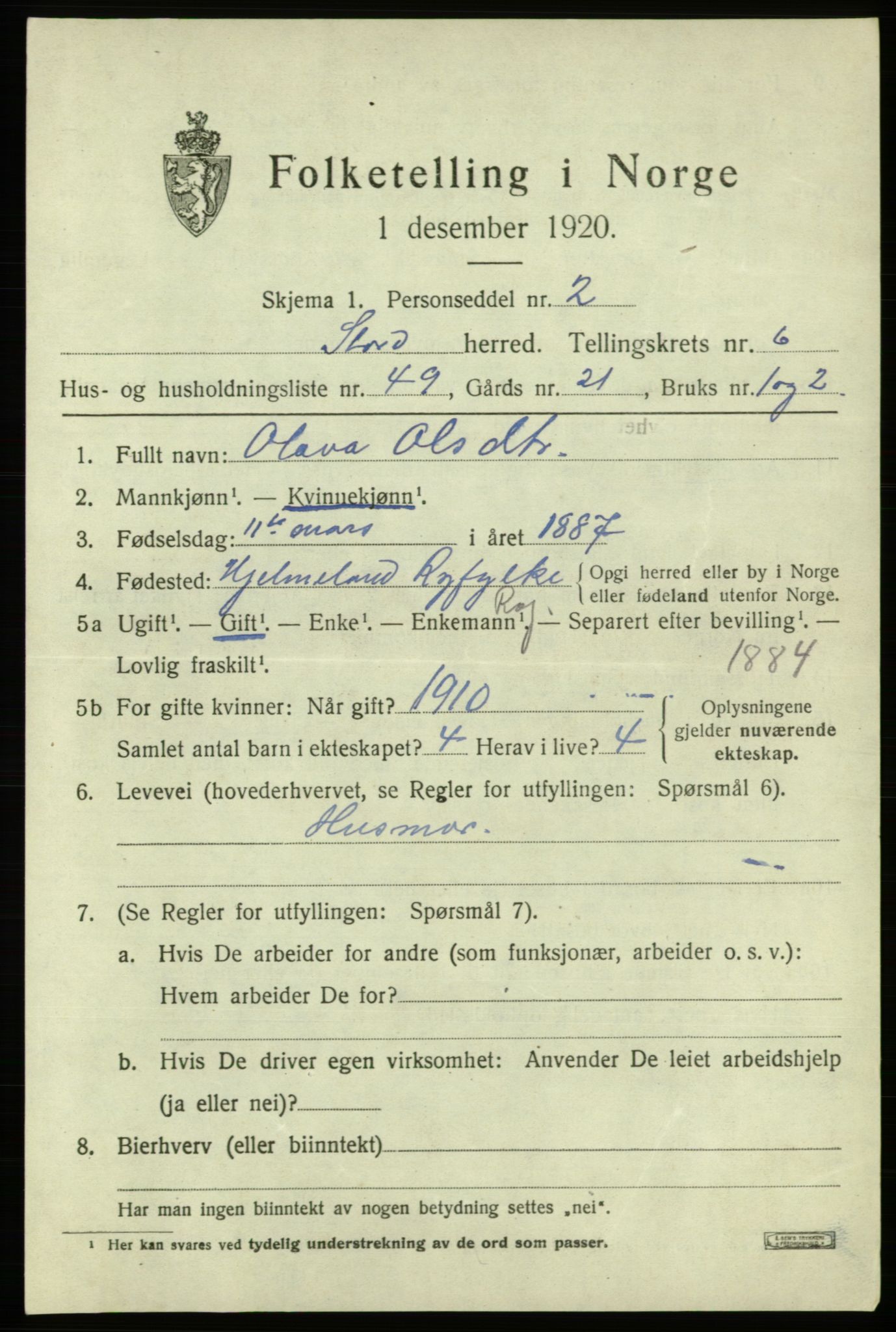 SAB, 1920 census for Stord, 1920, p. 3073