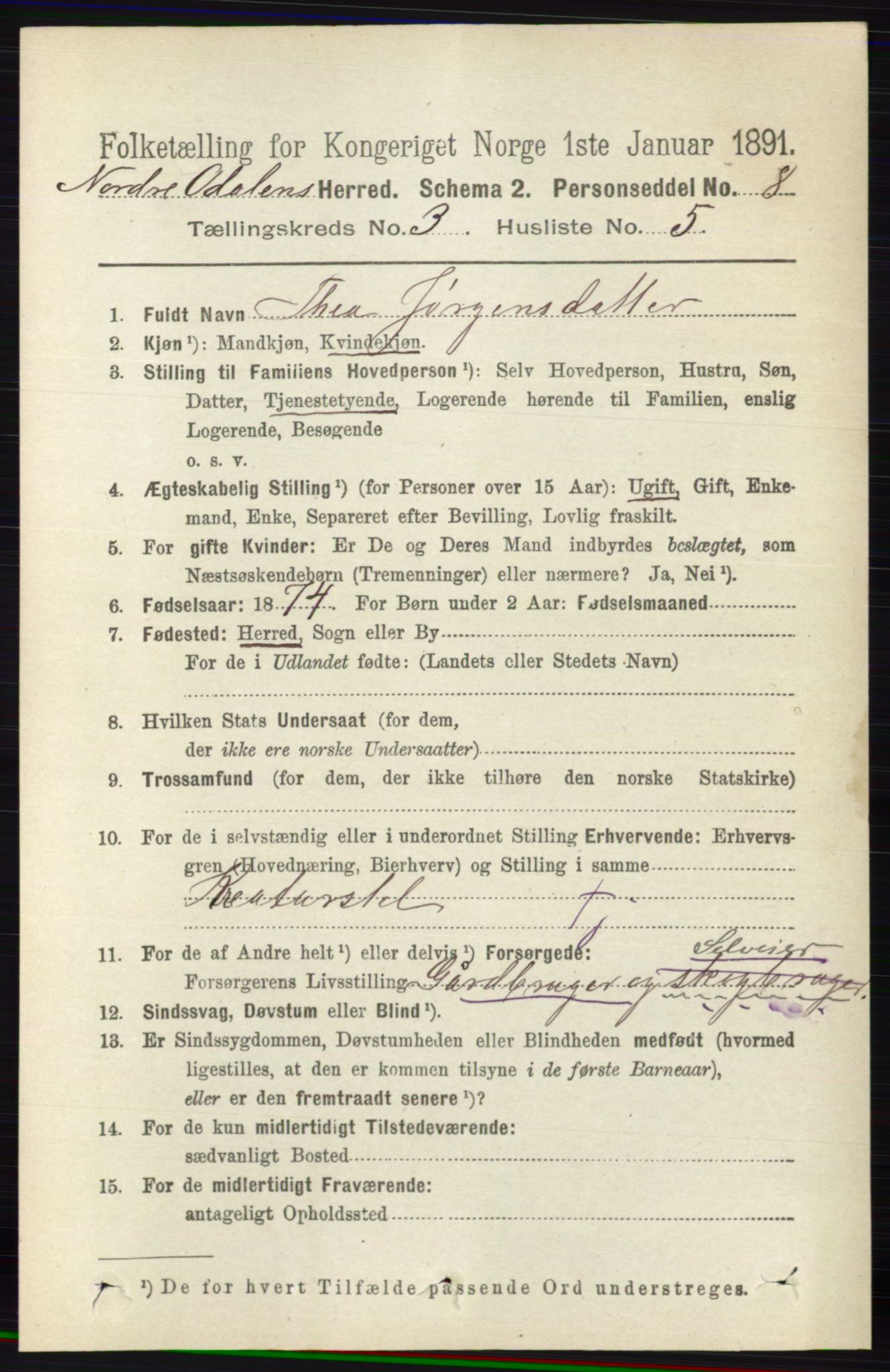 RA, 1891 census for 0418 Nord-Odal, 1891, p. 843