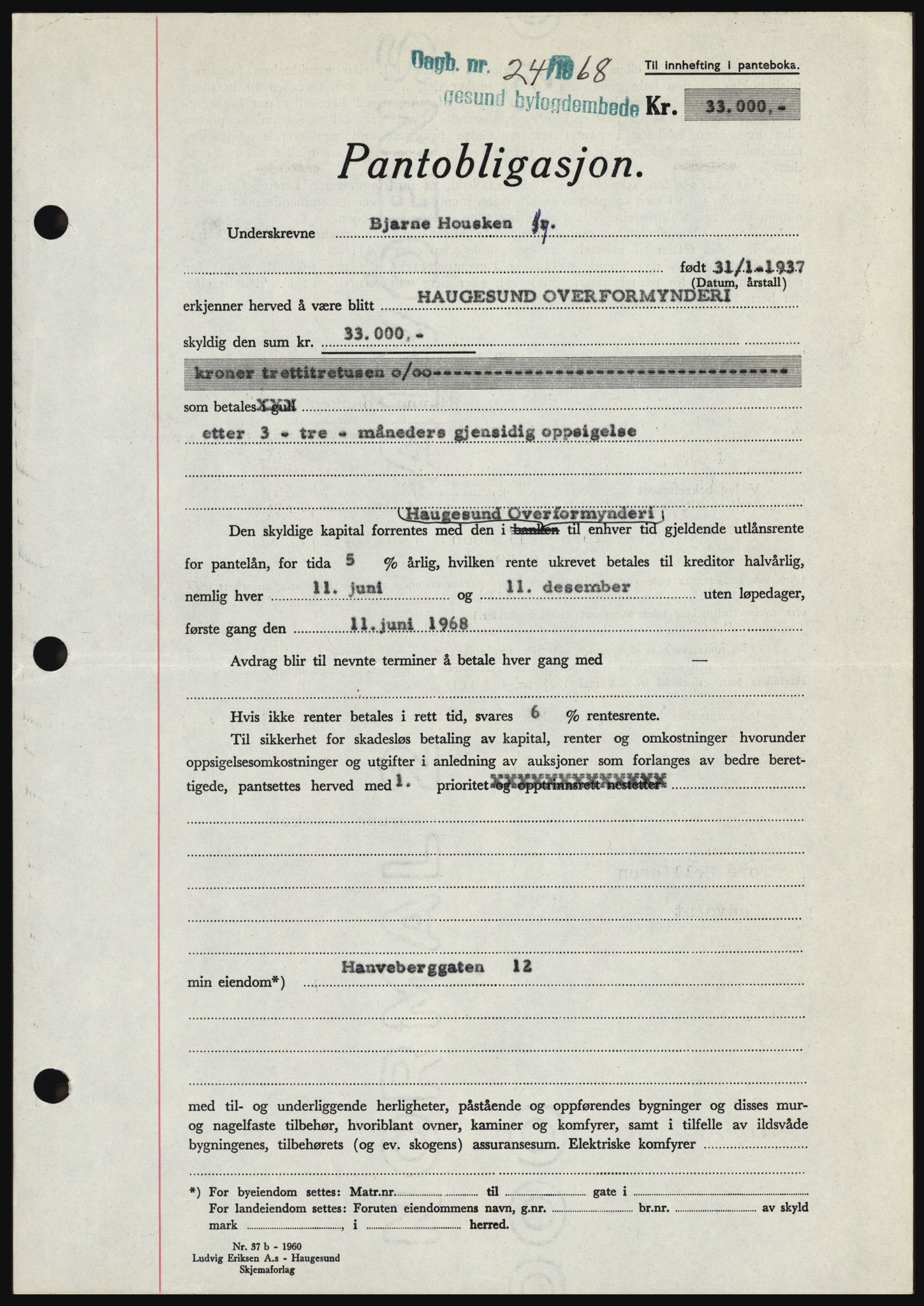 Haugesund tingrett, SAST/A-101415/01/II/IIC/L0058: Mortgage book no. B 58, 1967-1968, Diary no: : 24/1968