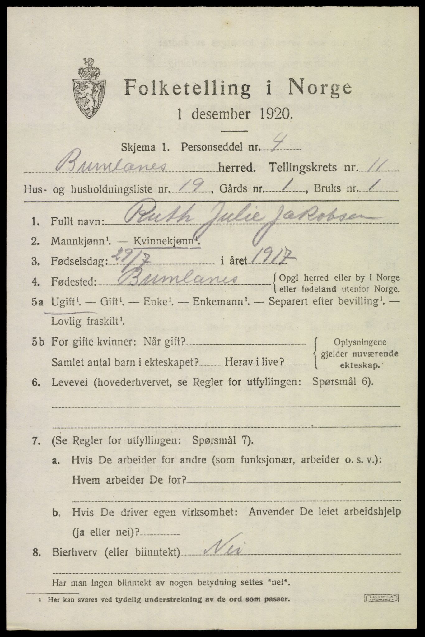 SAKO, 1920 census for Brunlanes, 1920, p. 9749