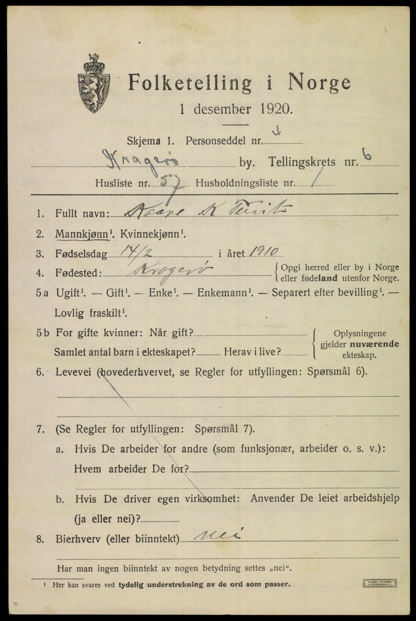 SAKO, 1920 census for Kragerø, 1920, p. 9713