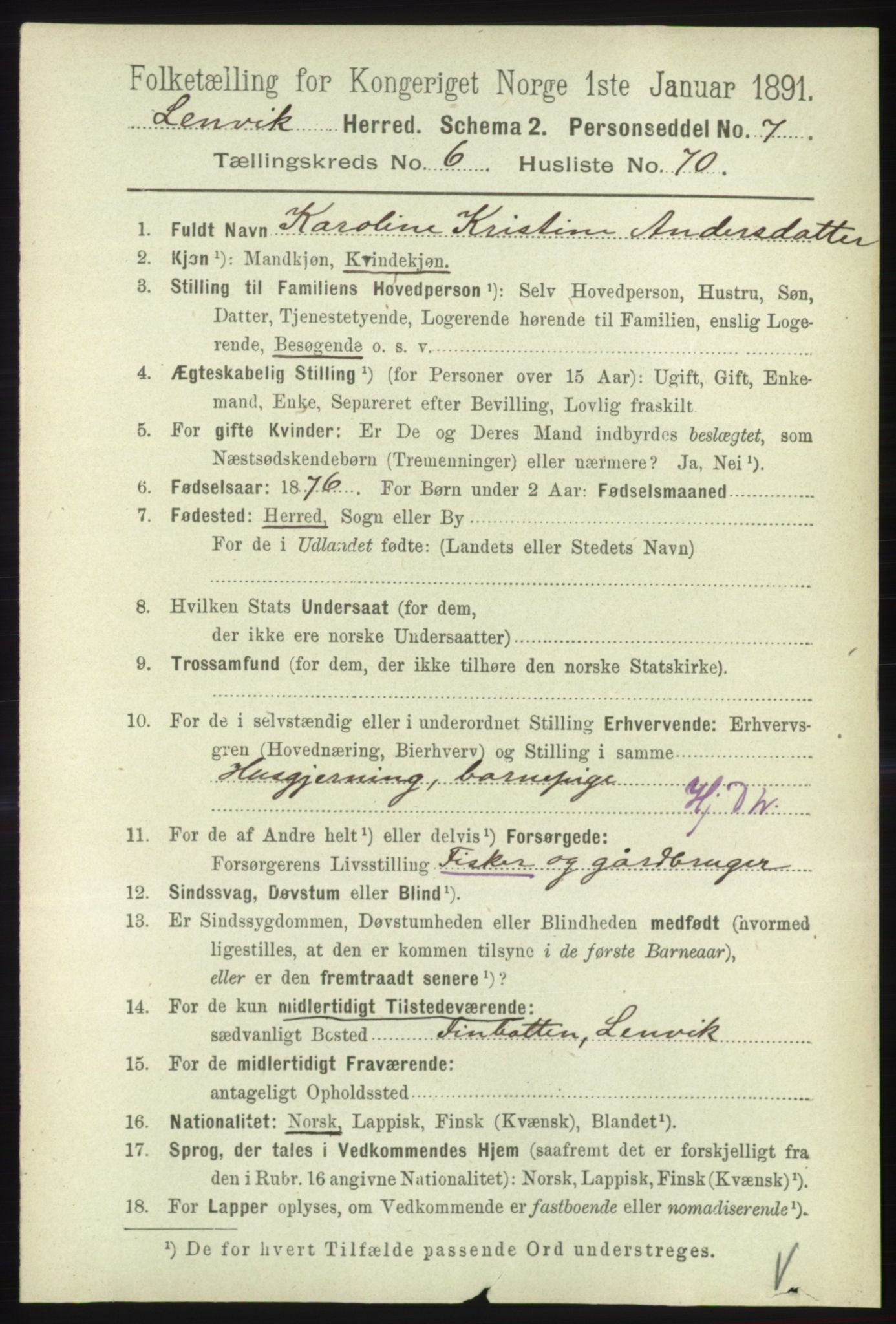 RA, 1891 census for 1931 Lenvik, 1891, p. 3691