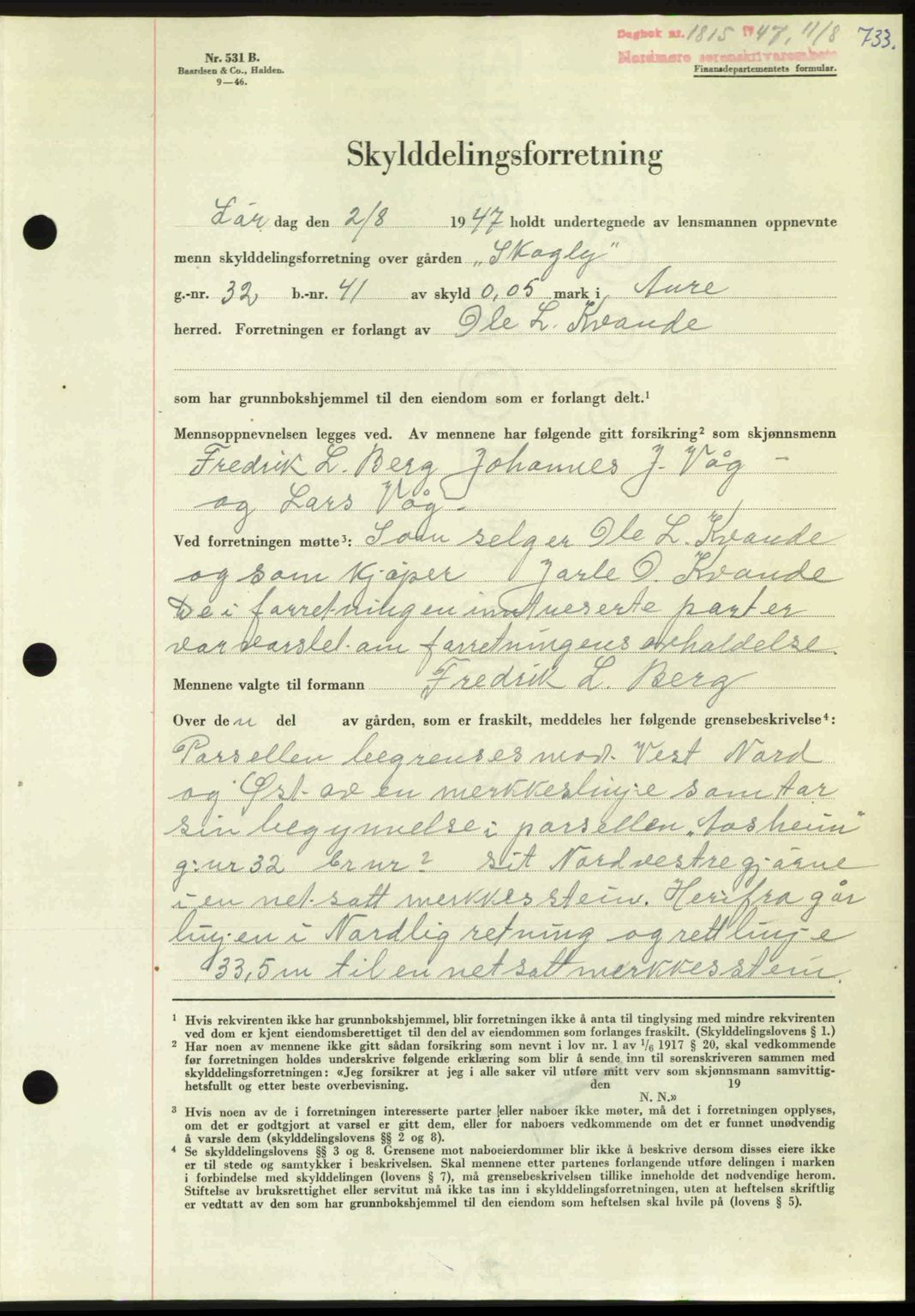 Nordmøre sorenskriveri, AV/SAT-A-4132/1/2/2Ca: Mortgage book no. A105, 1947-1947, Diary no: : 1815/1947